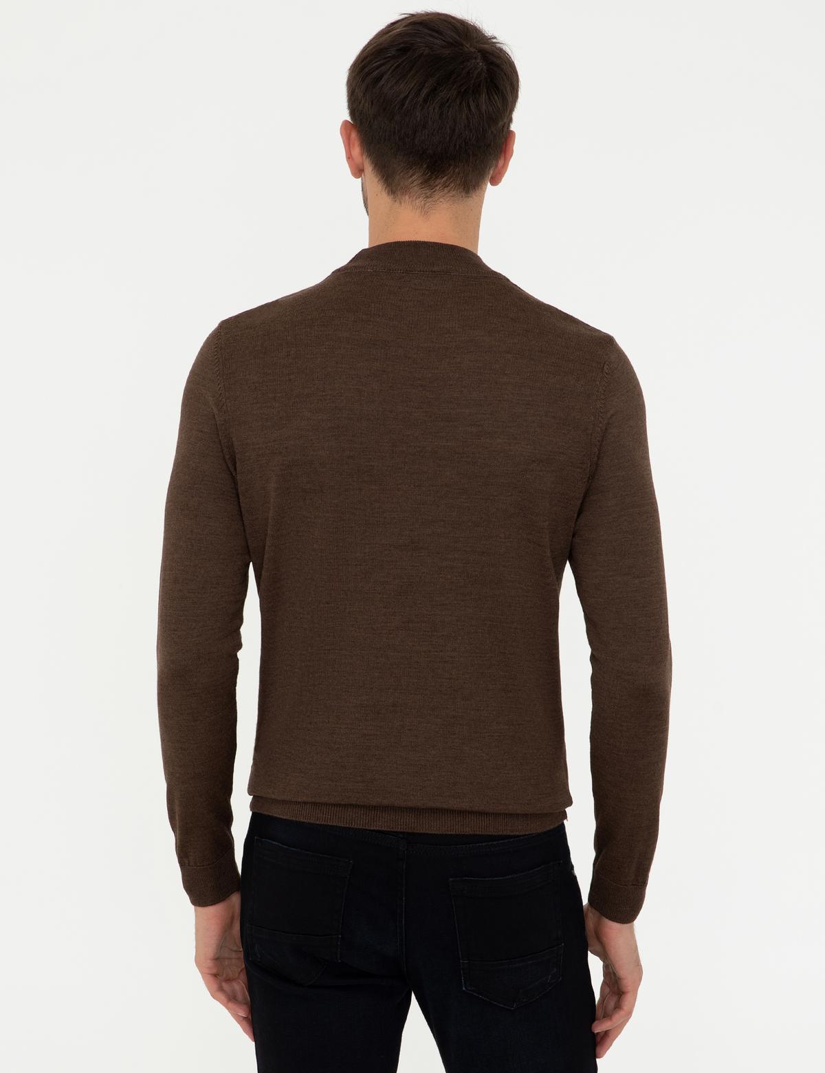 Açık Kahverengi Slim Fit Çeyrek Yaka Yün Karışımlı Basic Triko Kazak - 50243895001