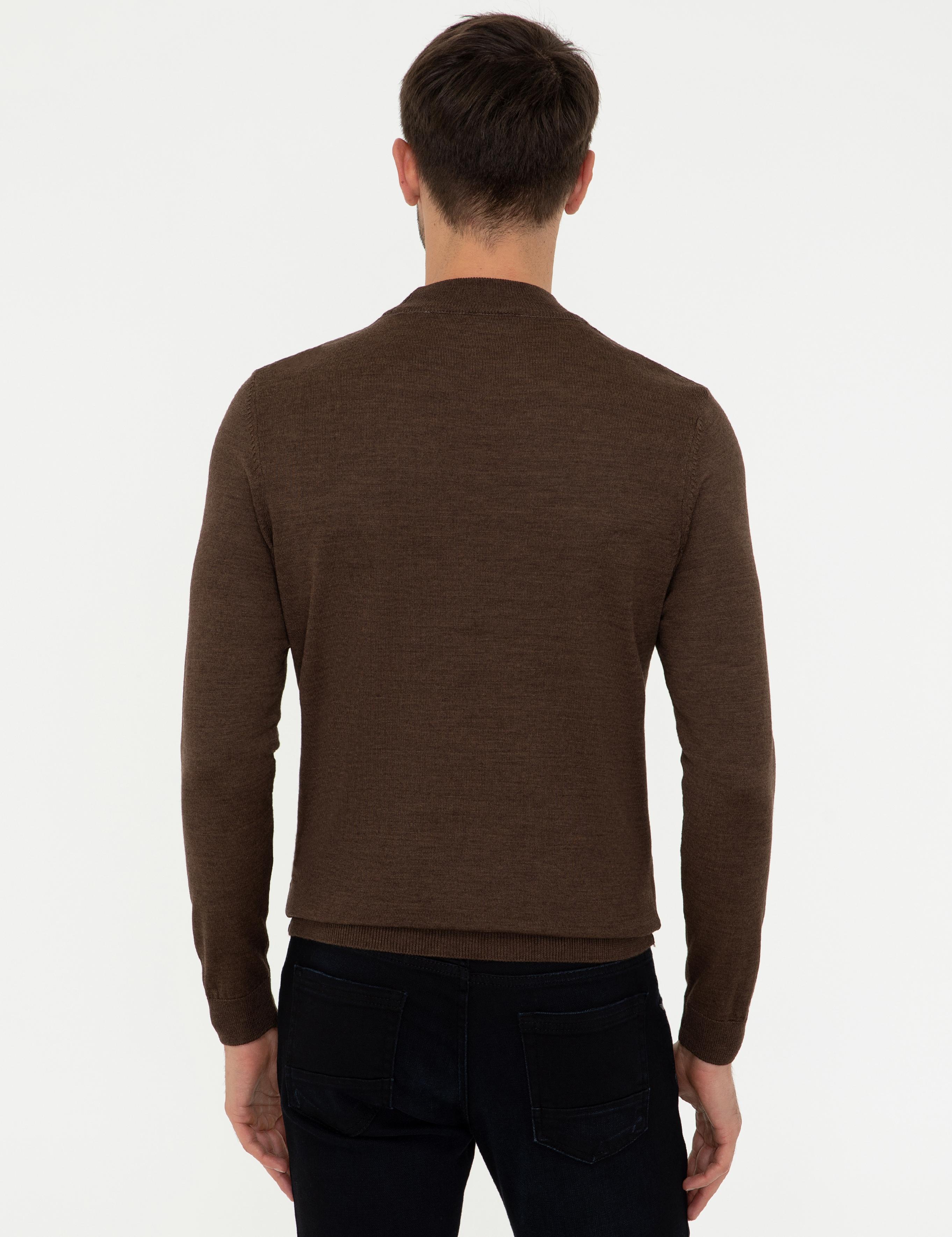 Açık Kahverengi Slim Fit Çeyrek Yaka Yün Karışımlı Basic Triko Kazak