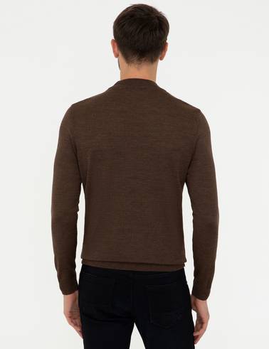Açık Kahverengi Slim Fit Çeyrek Yaka Yün Karışımlı Basic Triko Kazak