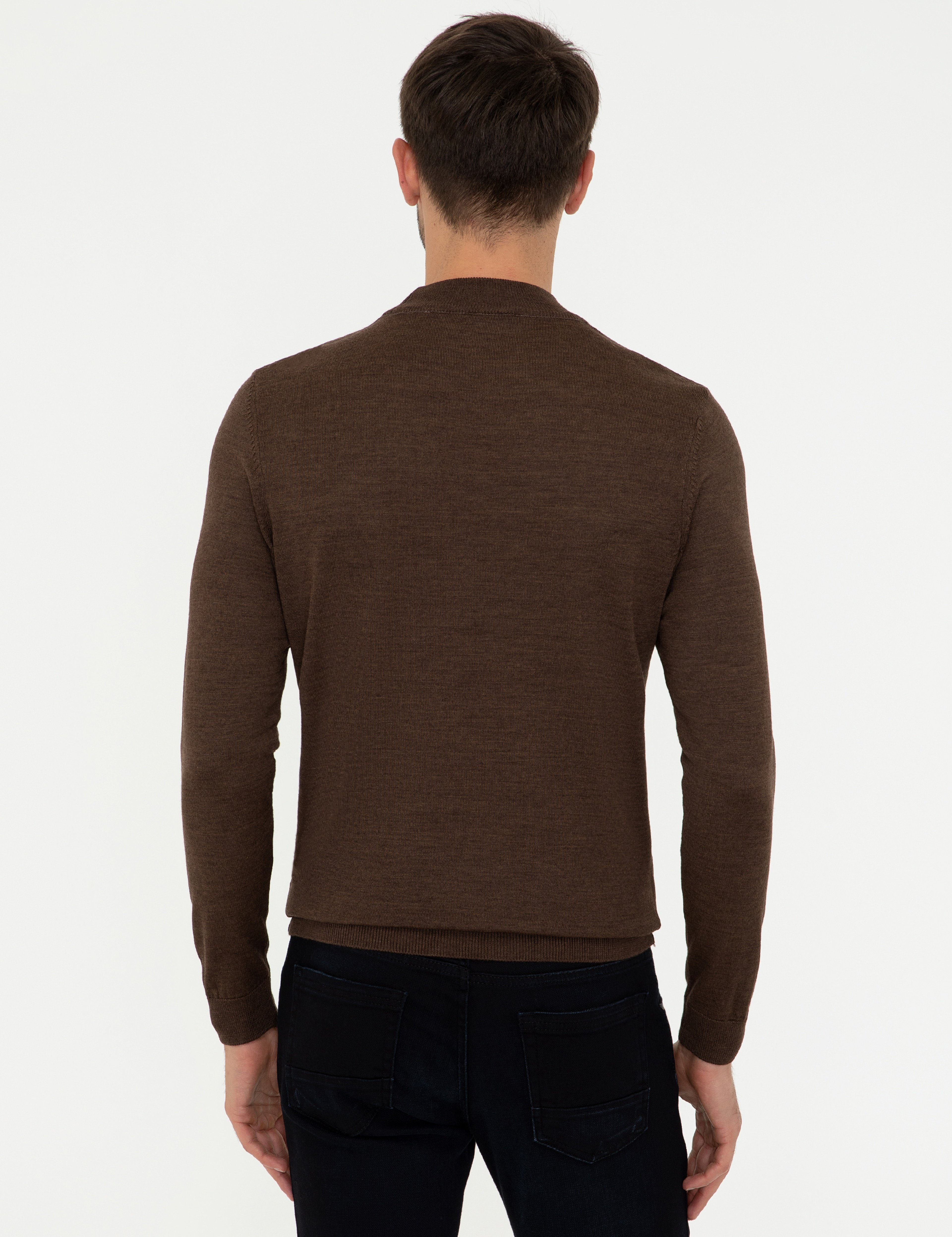 Açık Kahverengi Slim Fit Çeyrek Yaka Yün Karışımlı Basic Triko Kazak - Image 4