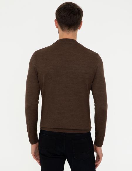 Açık Kahverengi Slim Fit Çeyrek Yaka Yün Karışımlı Basic Triko Kazak - 50243895001
