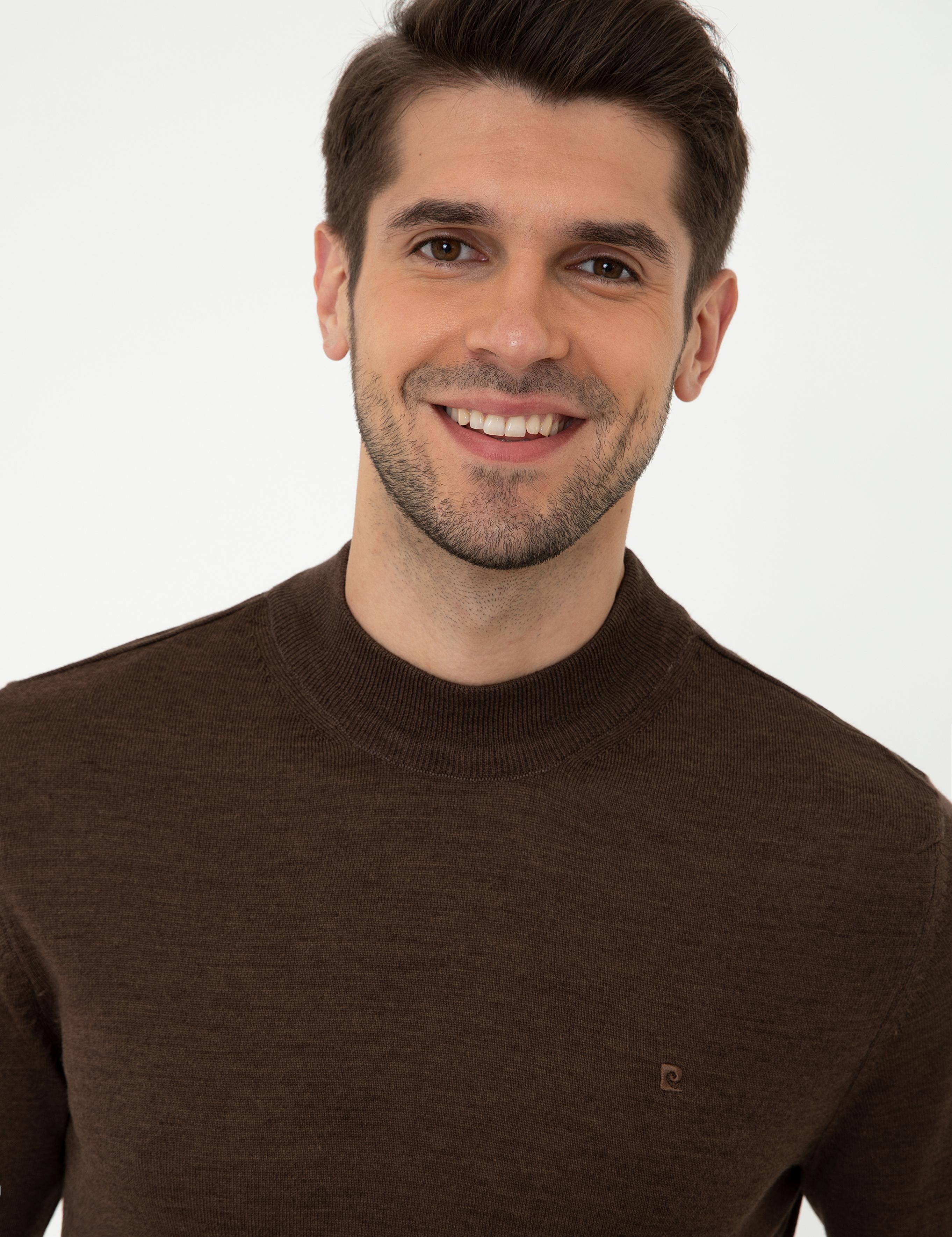 Açık Kahverengi Slim Fit Çeyrek Yaka Yün Karışımlı Basic Triko Kazak