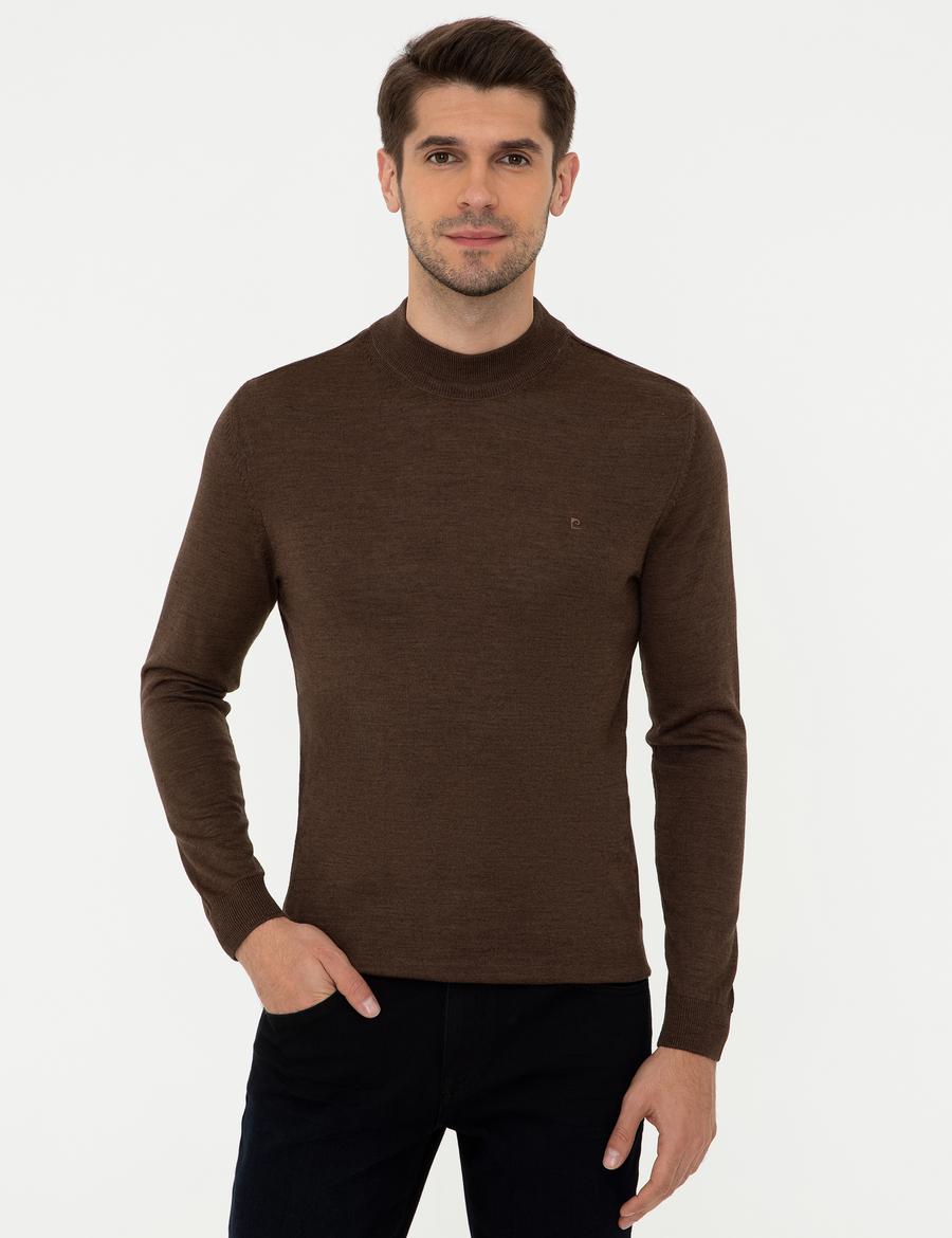 Açık Kahverengi Slim Fit Çeyrek Yaka Yün Karışımlı Basic Triko Kazak