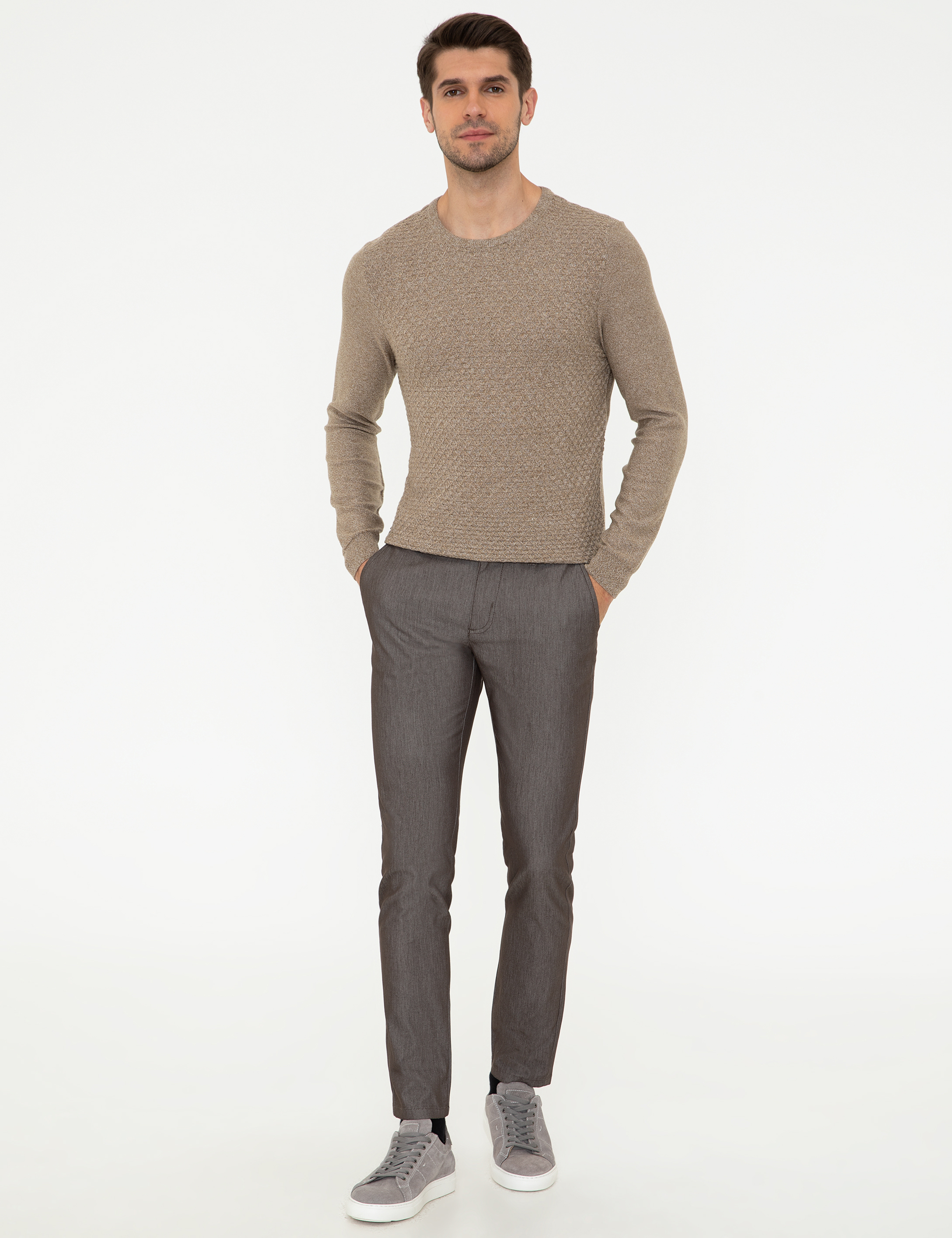 Pierre Cardin Camel Melanj Slim Fit Bisiklet Yaka Triko Kazak görsel 5