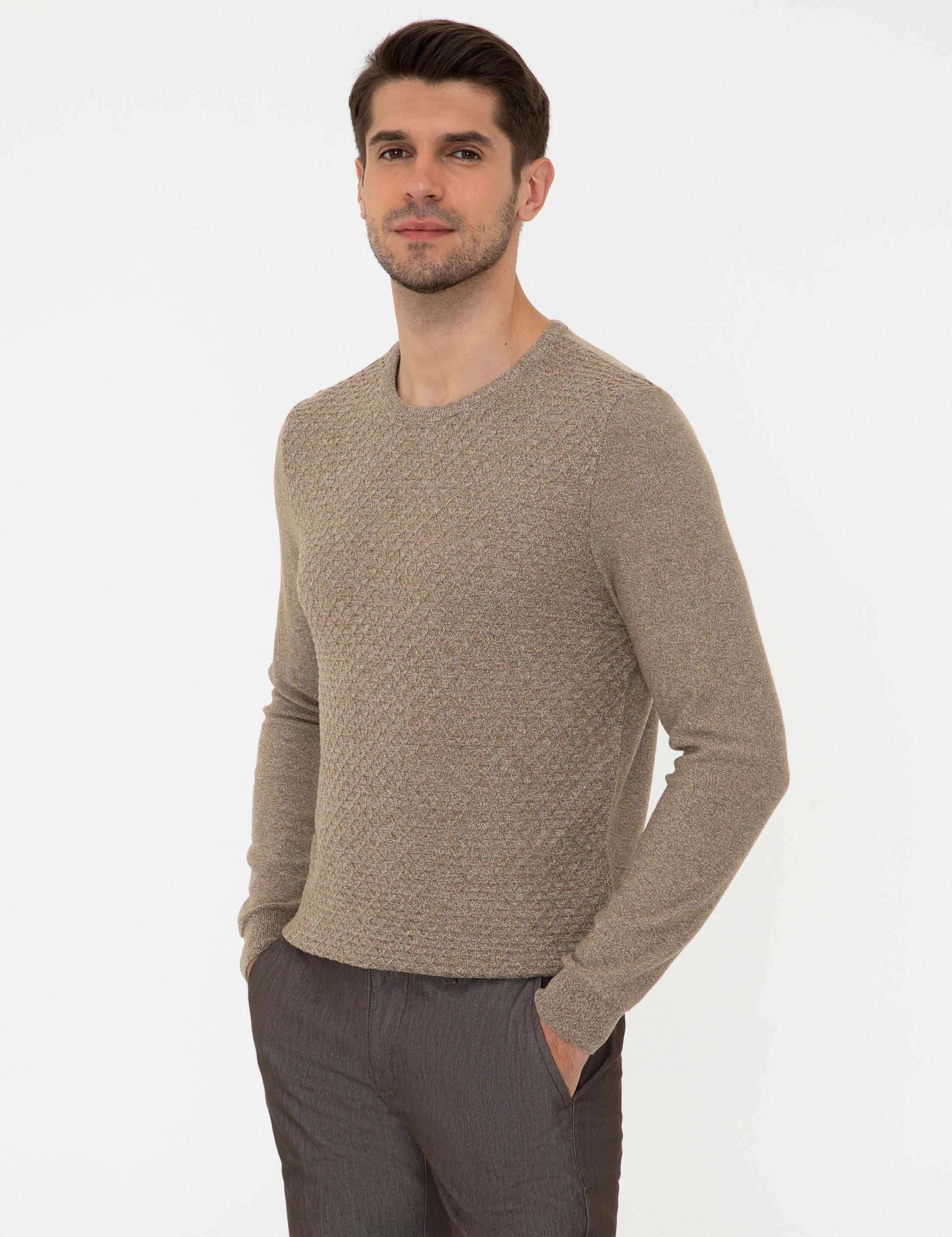 Pierre Cardin Camel Melanj Slim Fit Bisiklet Yaka Triko Kazak görsel 3