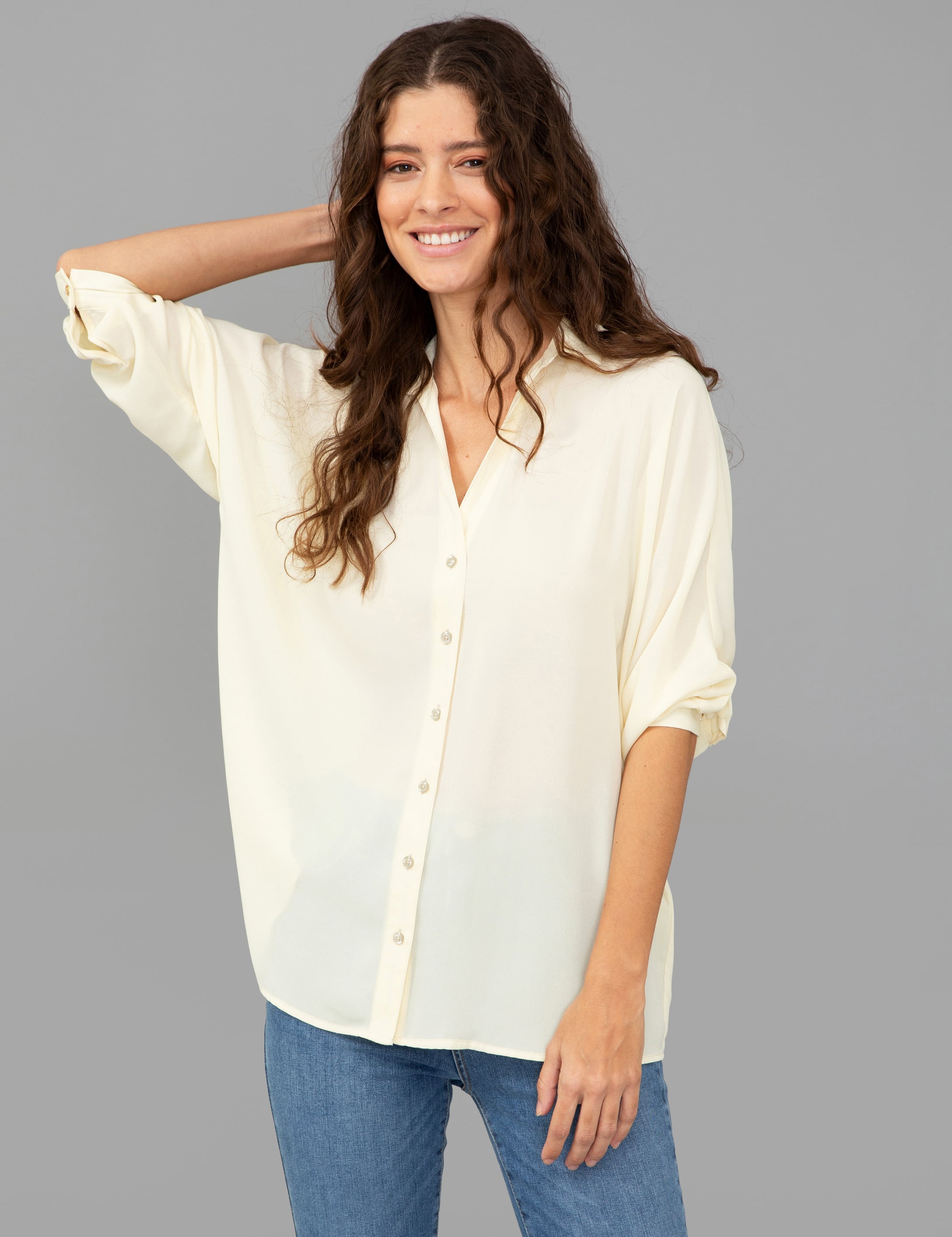 Ekru Comfort Fit Uzun Kollu Gömlek - Image 3