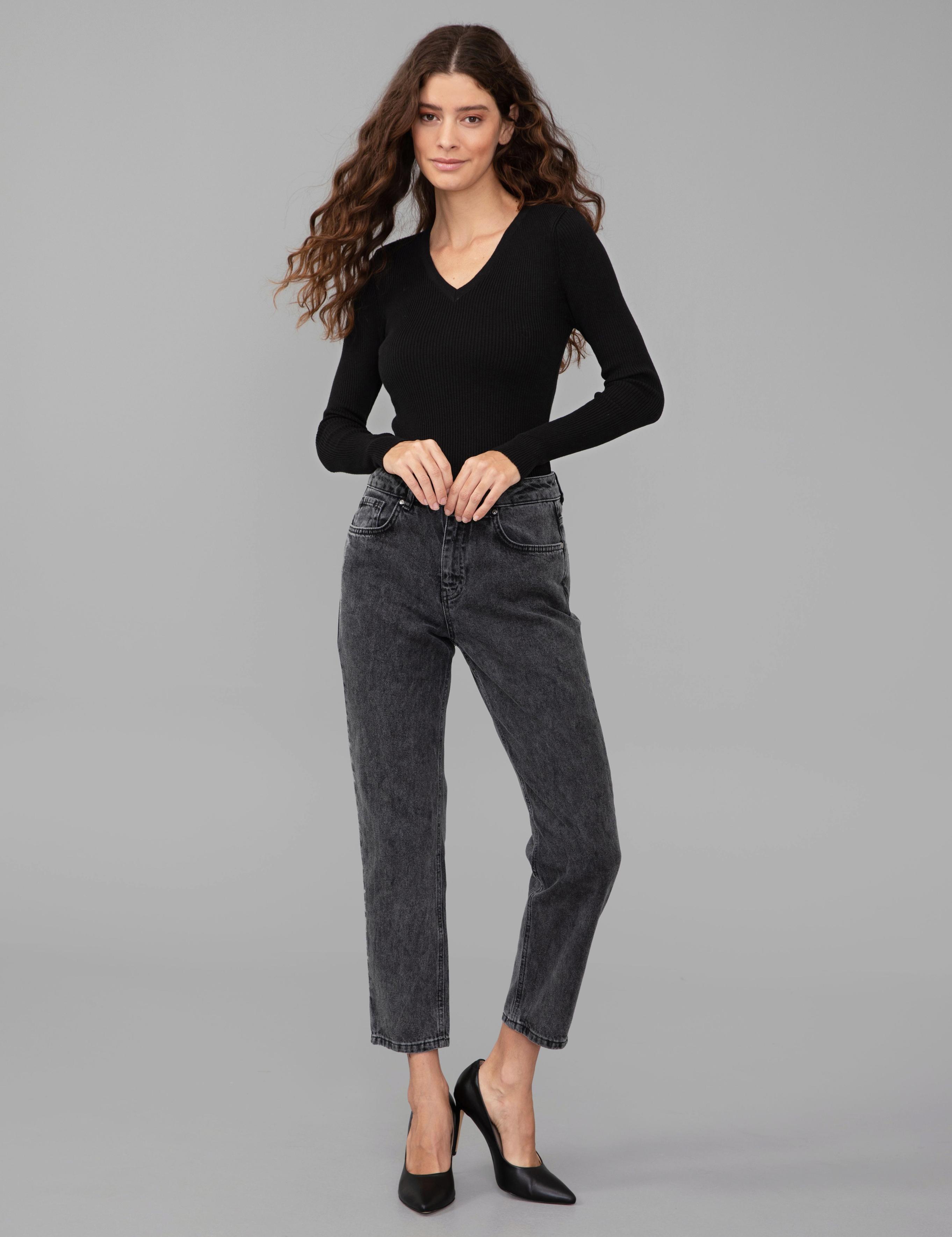 Koyu Gri Mom Fit Jean Pantolon