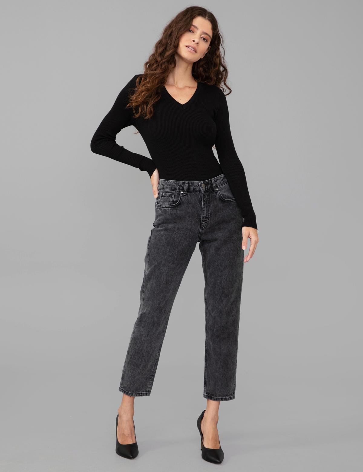 Koyu Gri Mom Fit Jean Pantolon