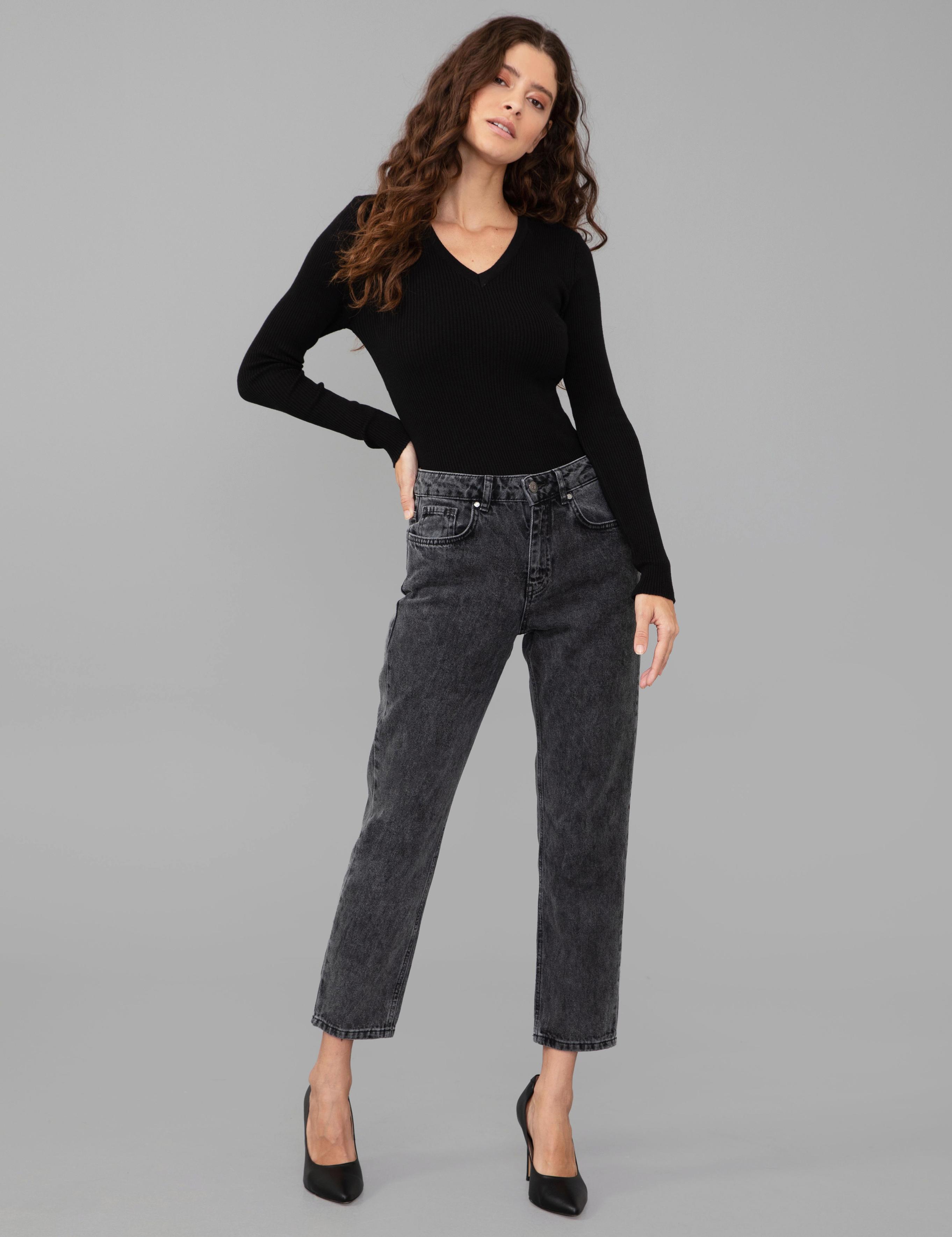 Koyu Gri Mom Fit Jean Pantolon