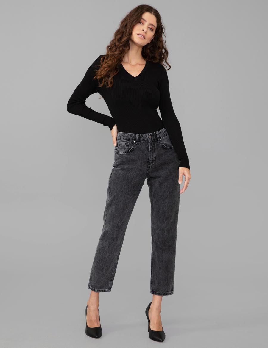 Koyu Gri Mom Fit Jean Pantolon