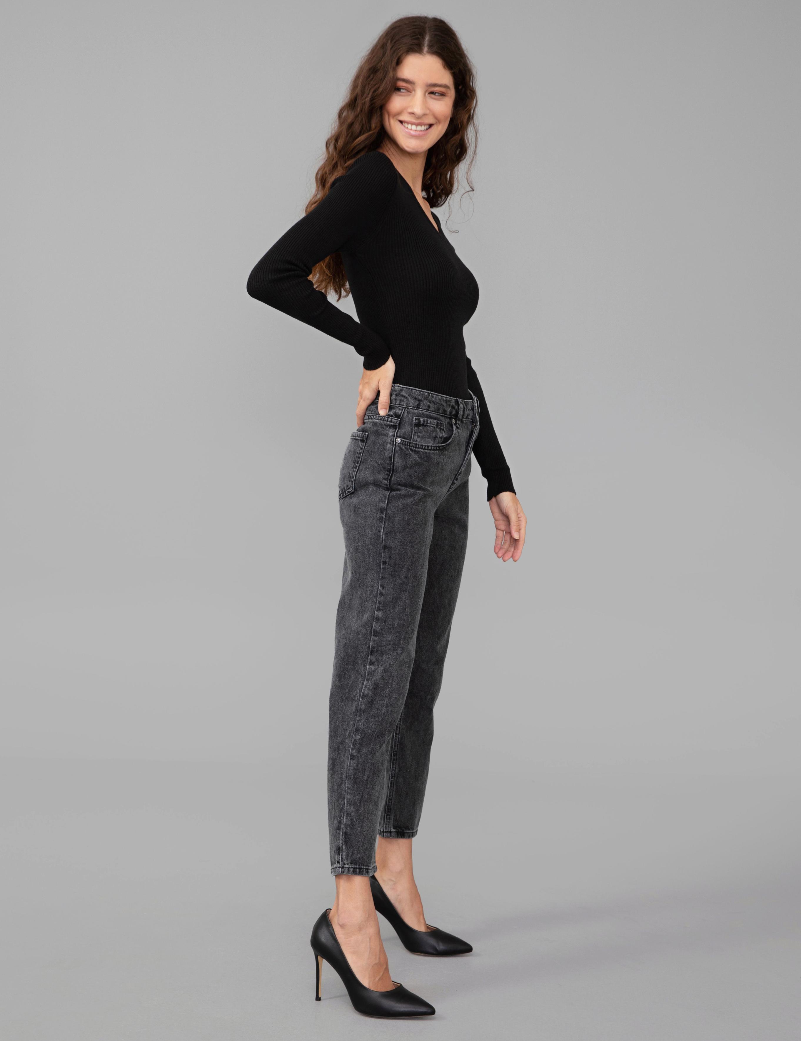 Koyu Gri Mom Fit Jean Pantolon