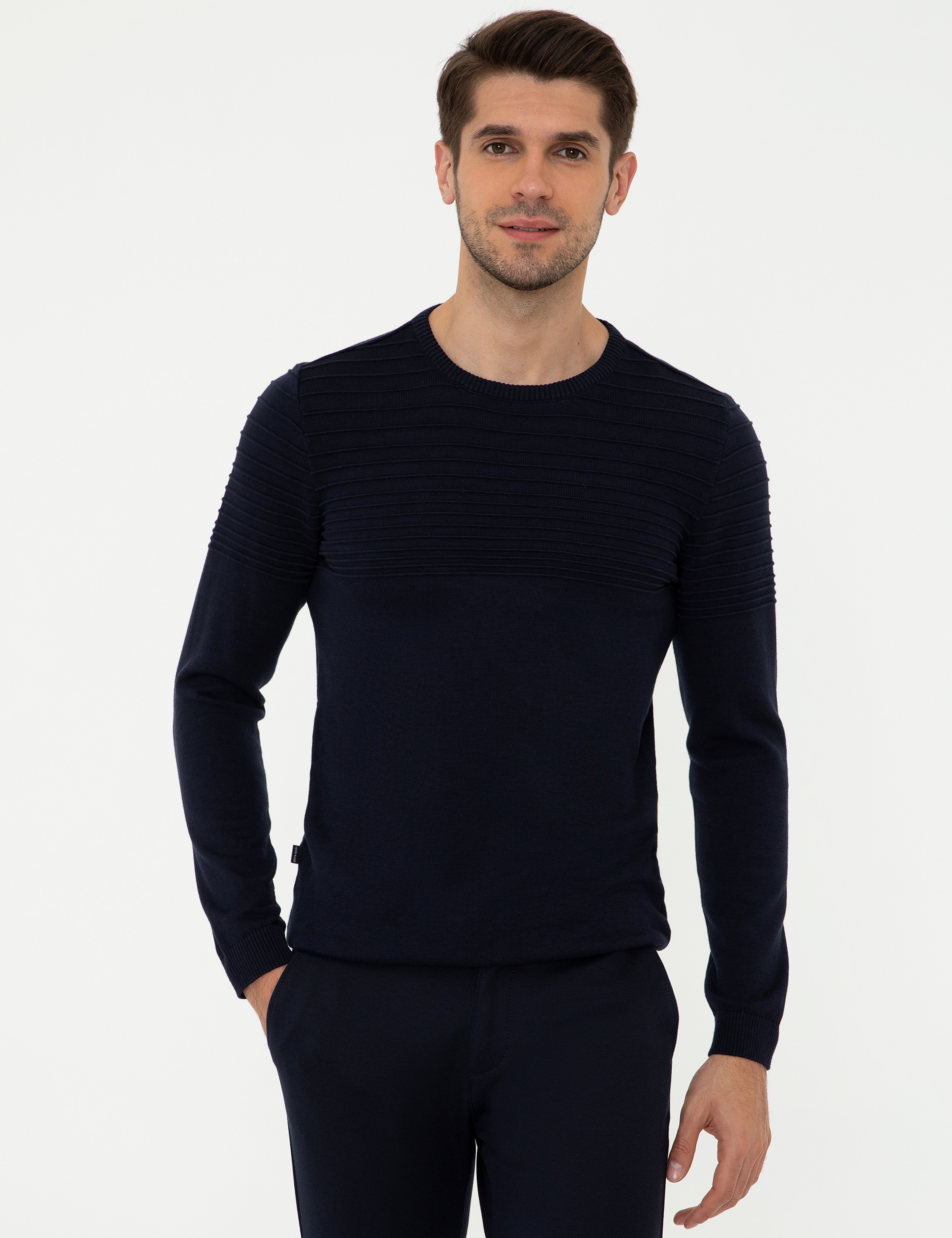 Lacivert Slim Fit Bisiklet Yaka Triko Kazak
