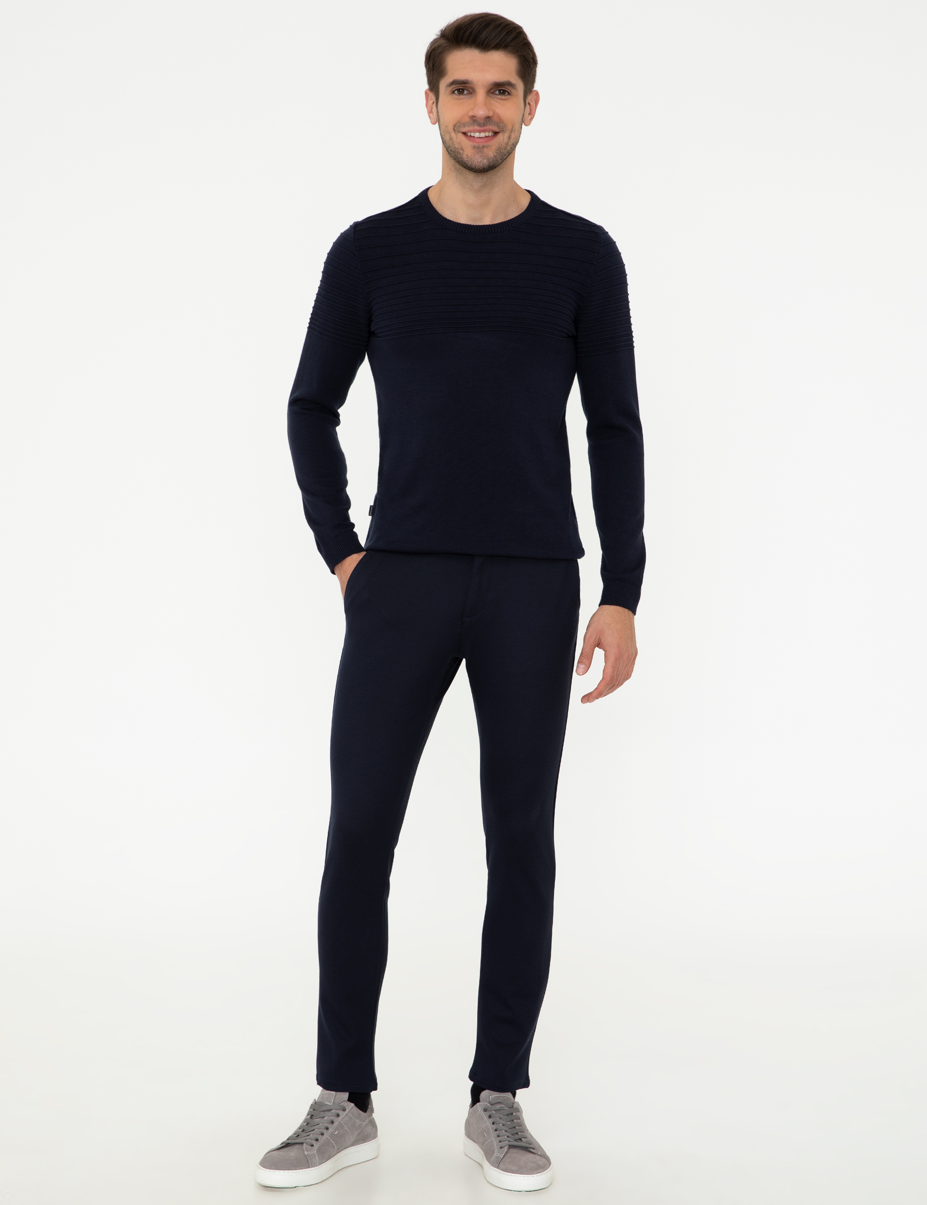 Lacivert Slim Fit Bisiklet Yaka Triko Kazak