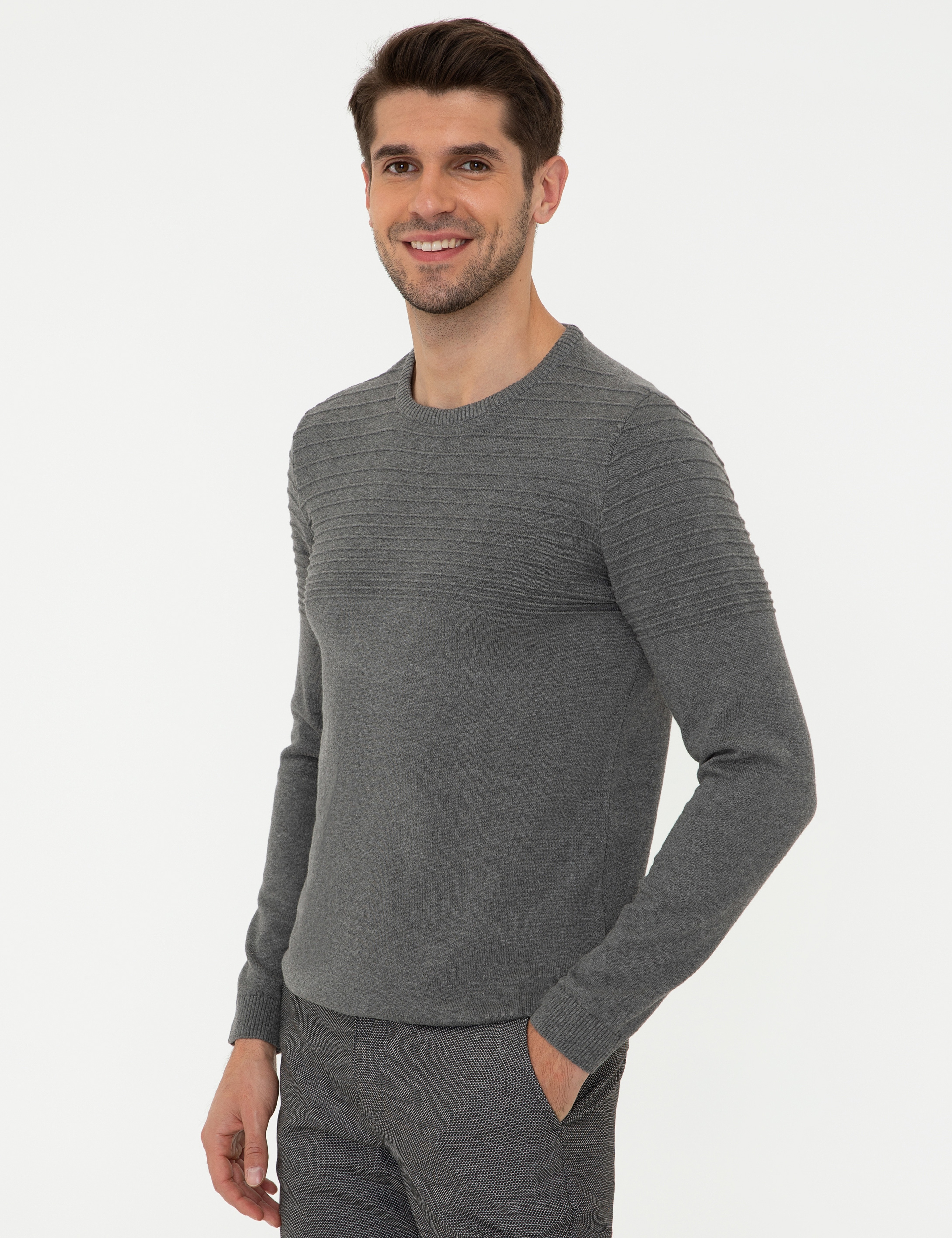 Gri Melanj Slim Fit Bisiklet Yaka Triko Kazak - Image 3