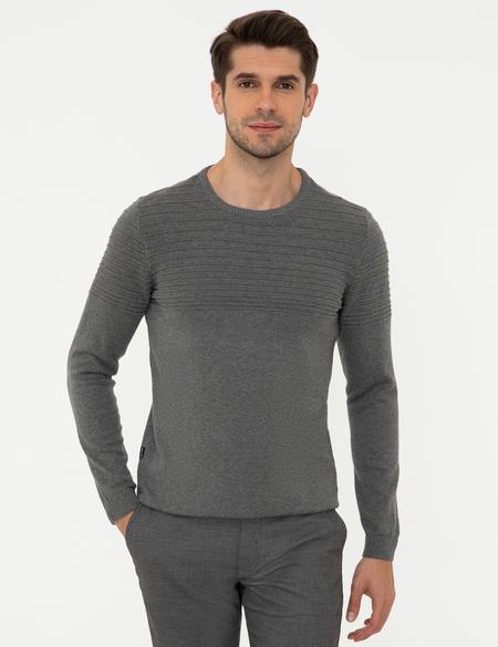 Gri Melanj Slim Fit Bisiklet Yaka Triko Kazak - 50248541028