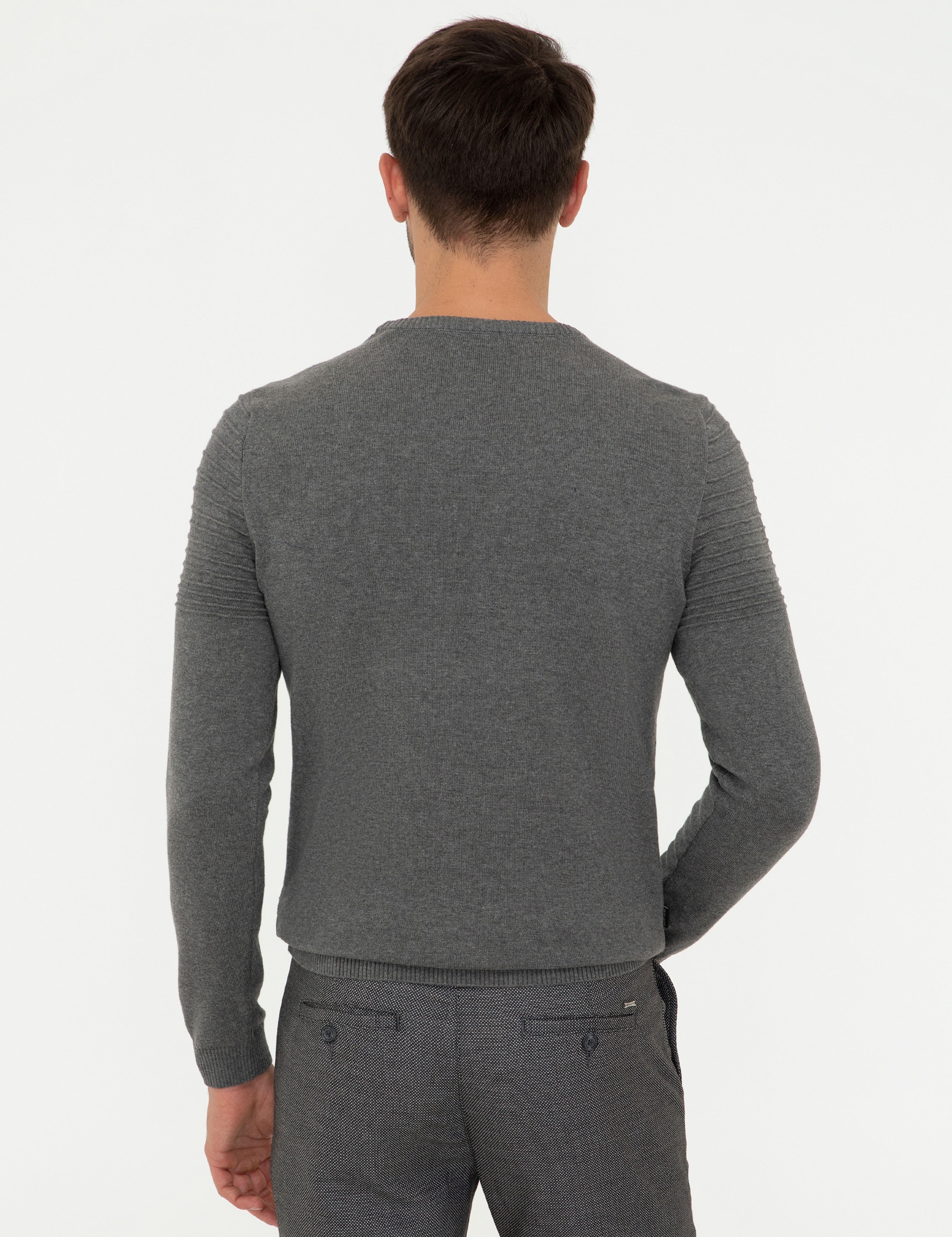 Gri Melanj Slim Fit Bisiklet Yaka Triko Kazak - Image 4