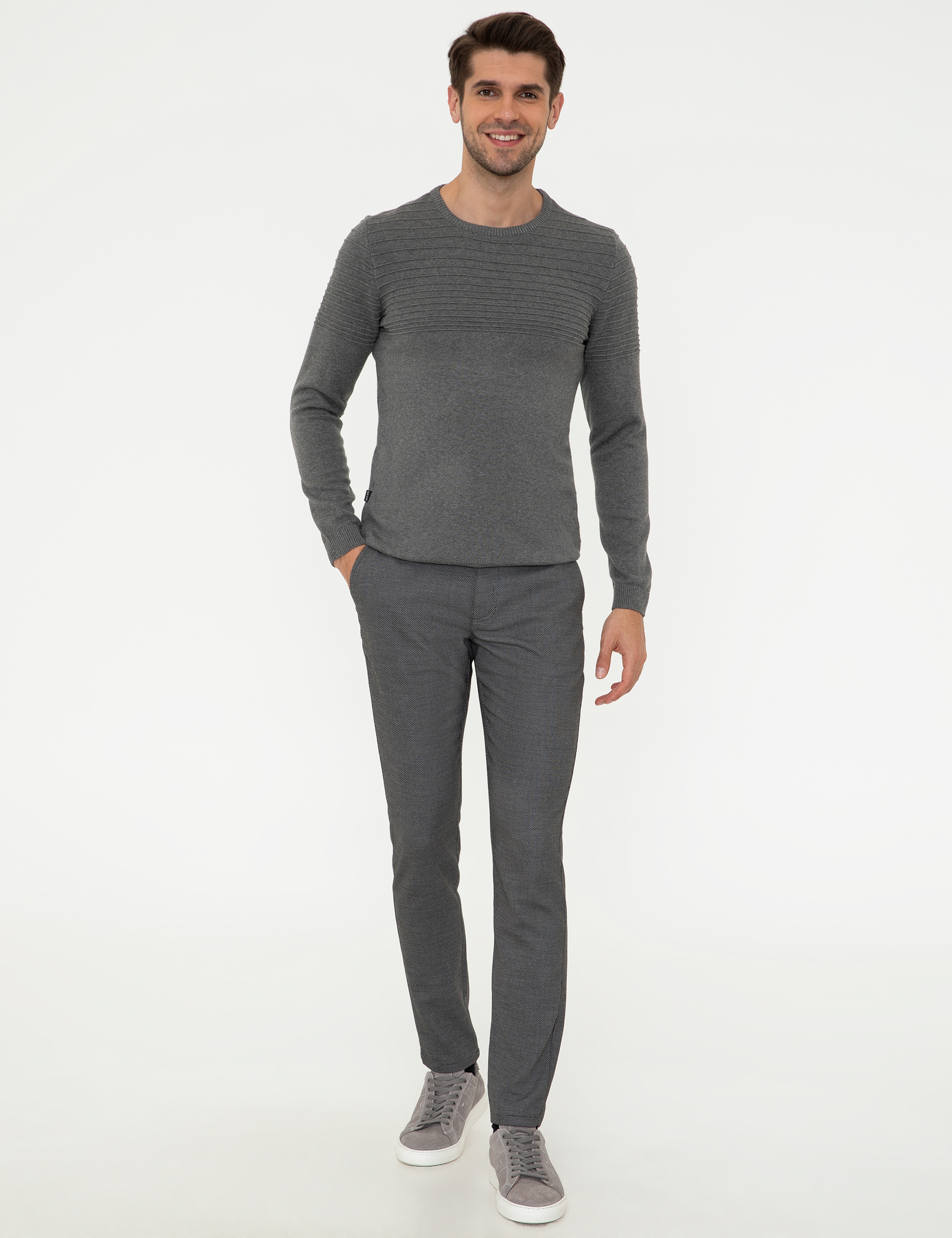 Gri Melanj Slim Fit Bisiklet Yaka Triko Kazak - Image 5