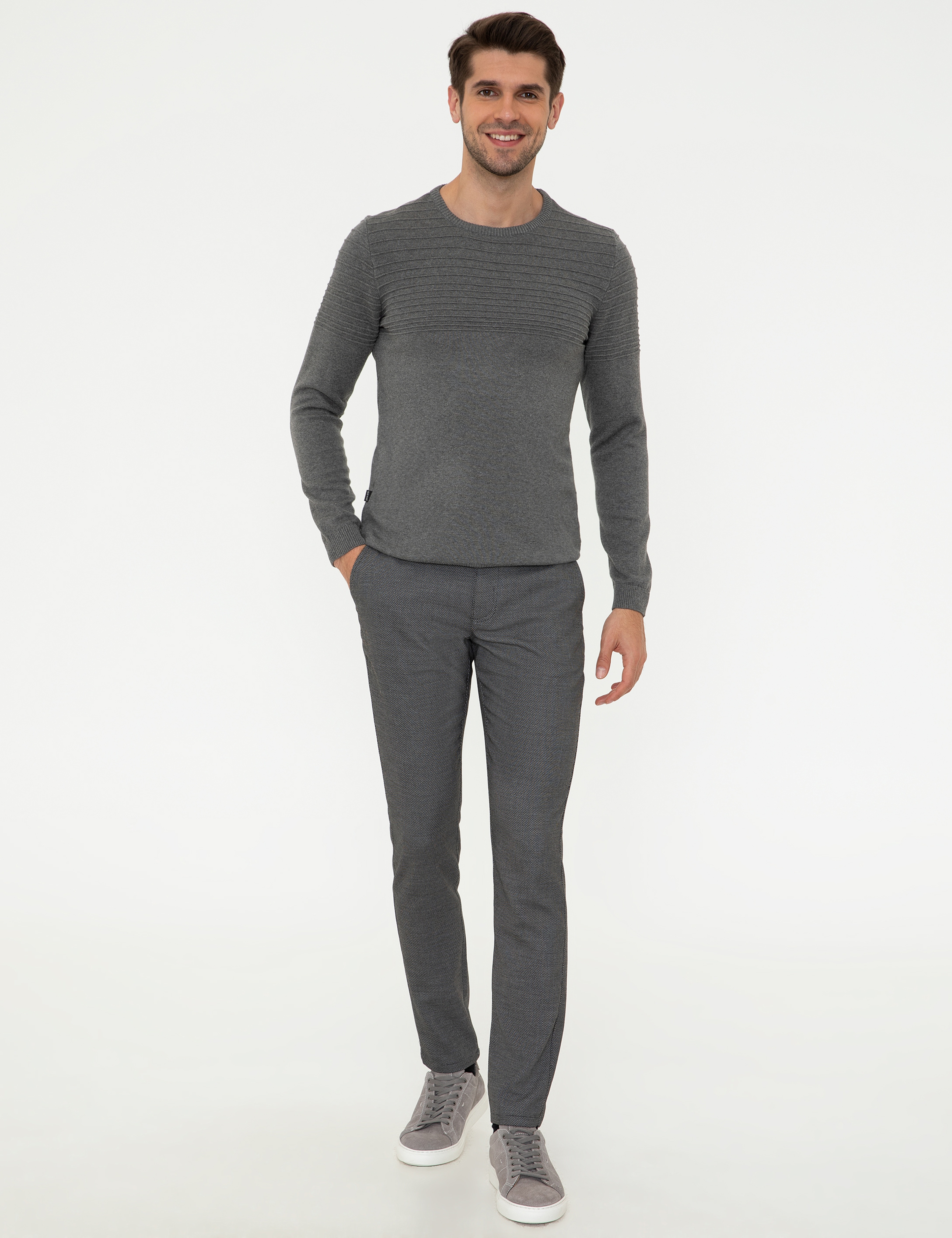 Gri Melanj Slim Fit Bisiklet Yaka Triko Kazak