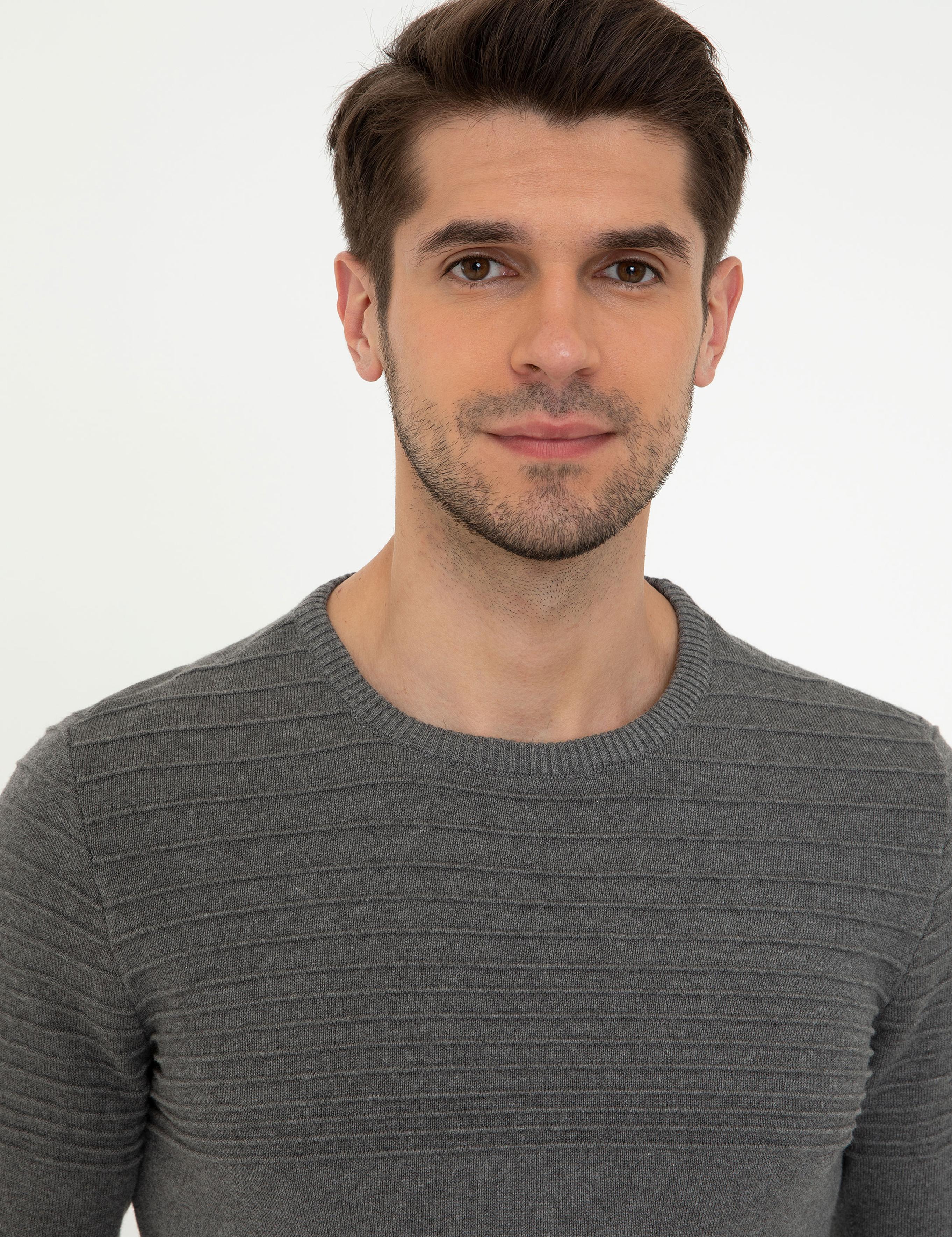 Gri Melanj Slim Fit Bisiklet Yaka Triko Kazak