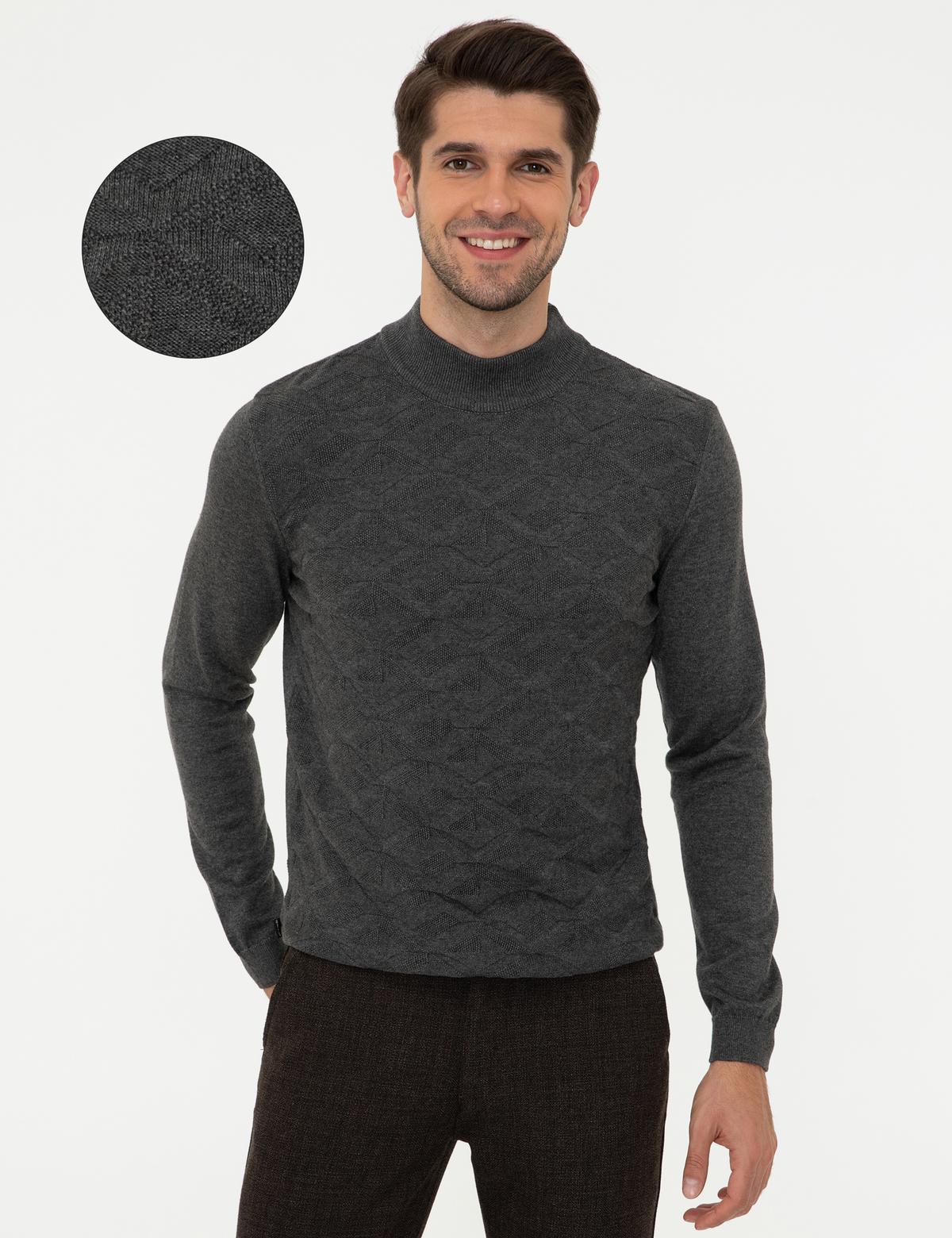 Gri Melanj Slim Fit Yarım Balıkçı Yaka Triko Kazak