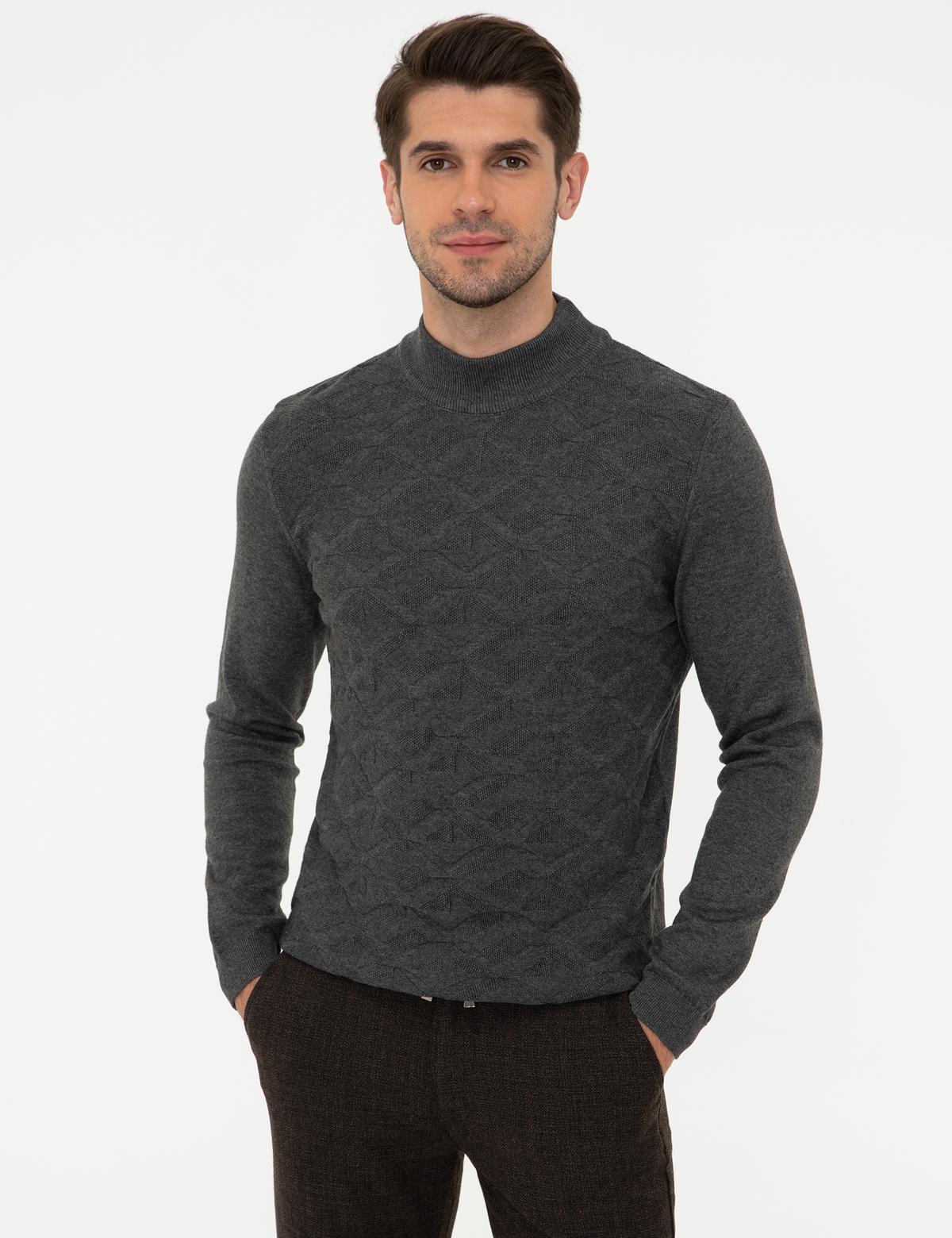 Gri Melanj Slim Fit Yarım Balıkçı Yaka Triko Kazak - 50240540031