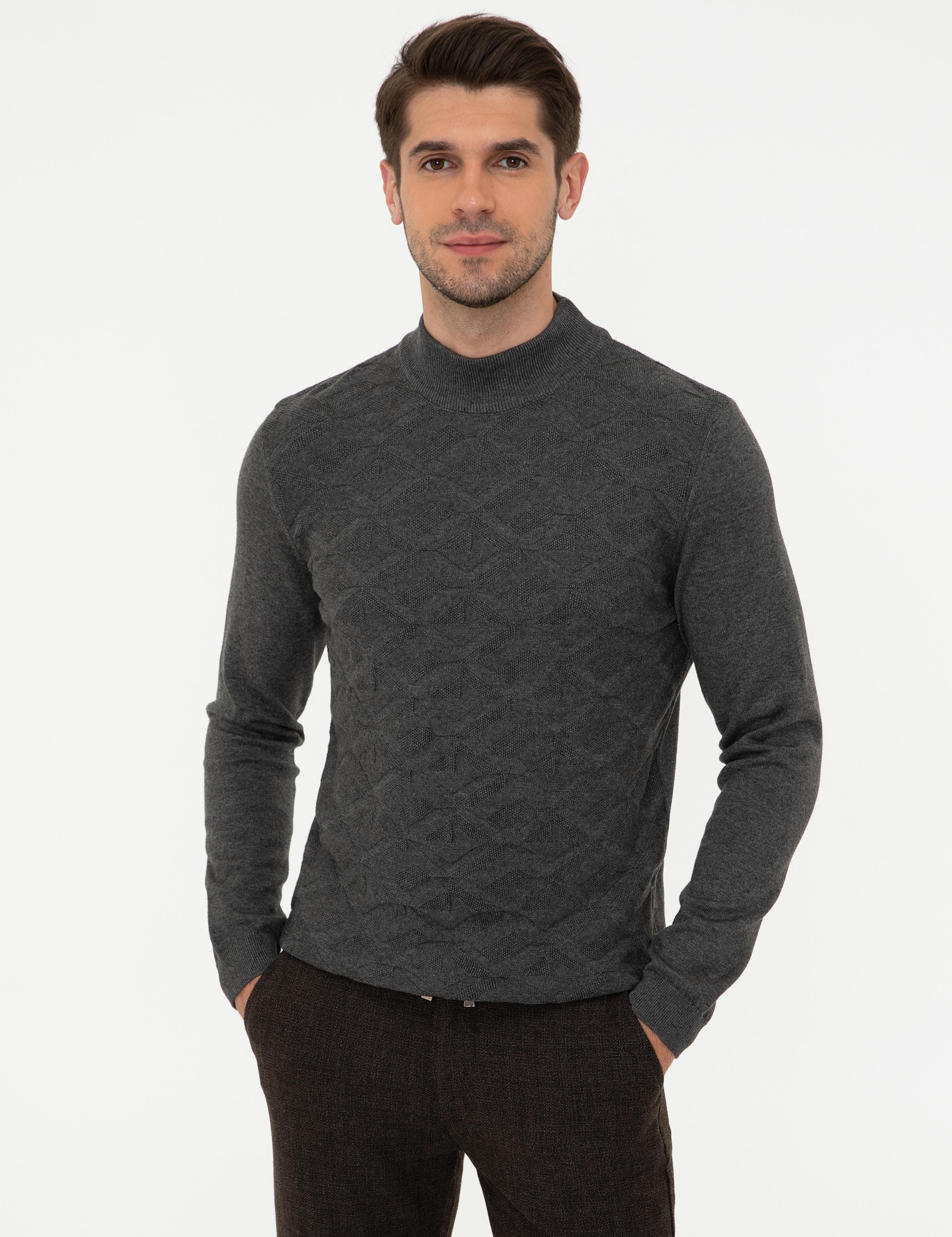 Gri Melanj Slim Fit Yarım Balıkçı Yaka Triko Kazak