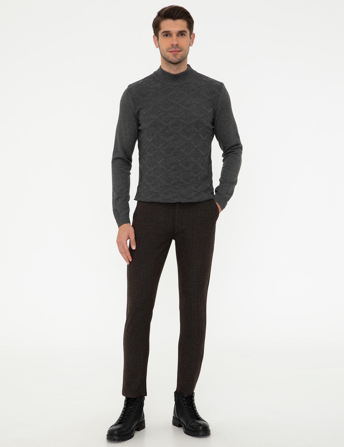 Gri Melanj Slim Fit Yarım Balıkçı Yaka Triko Kazak - 50240540031