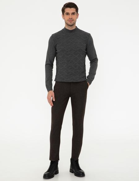Gri Melanj Slim Fit Yarım Balıkçı Yaka Triko Kazak - 50240540031
