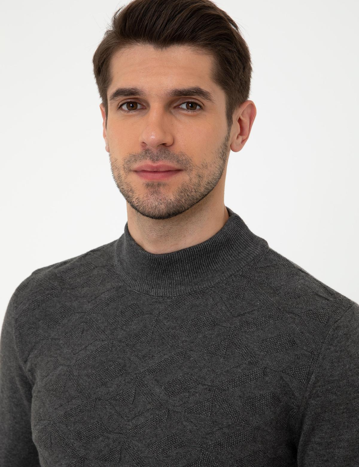 Gri Melanj Slim Fit Yarım Balıkçı Yaka Triko Kazak - 50240540031