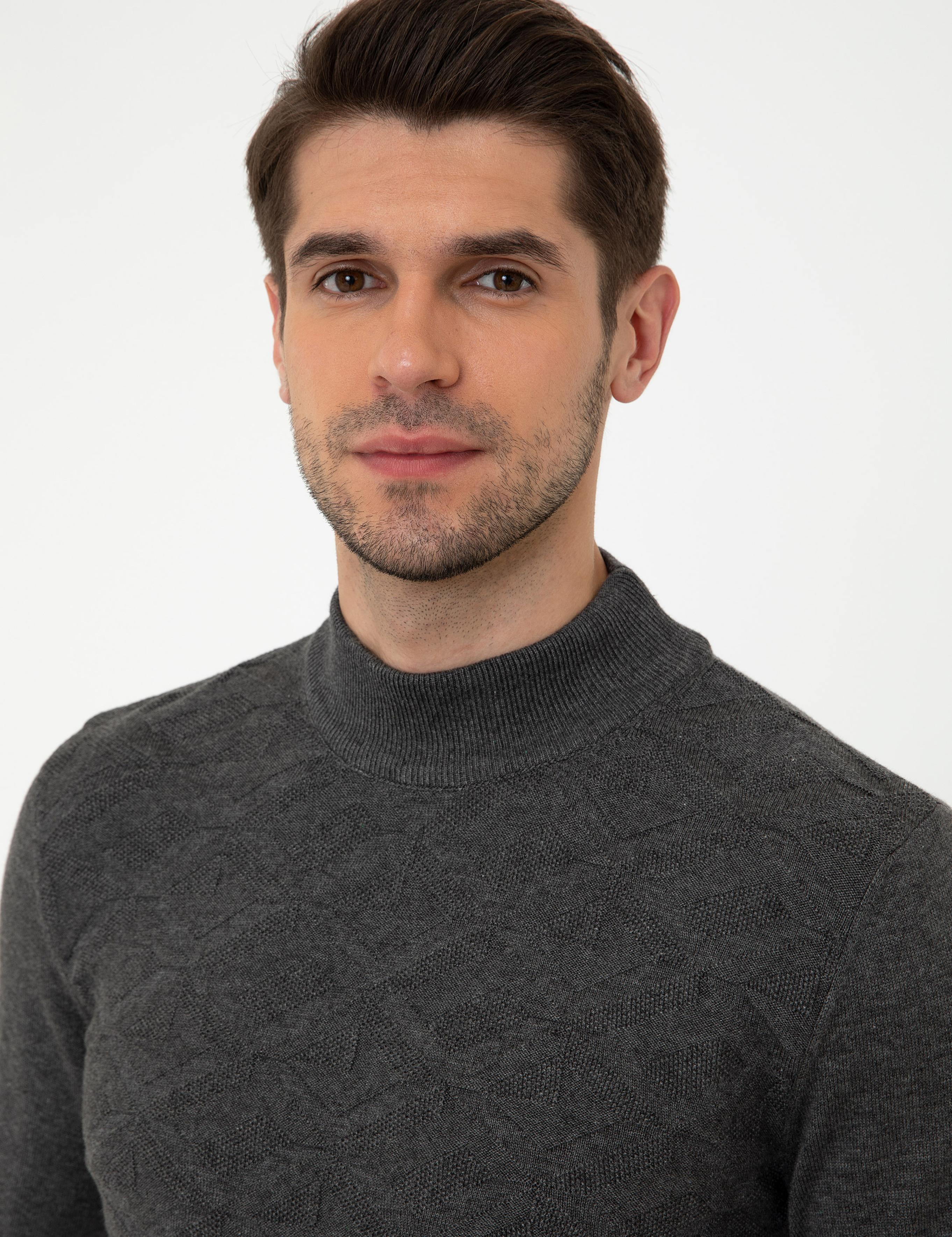 Gri Melanj Slim Fit Yarım Balıkçı Yaka Triko Kazak