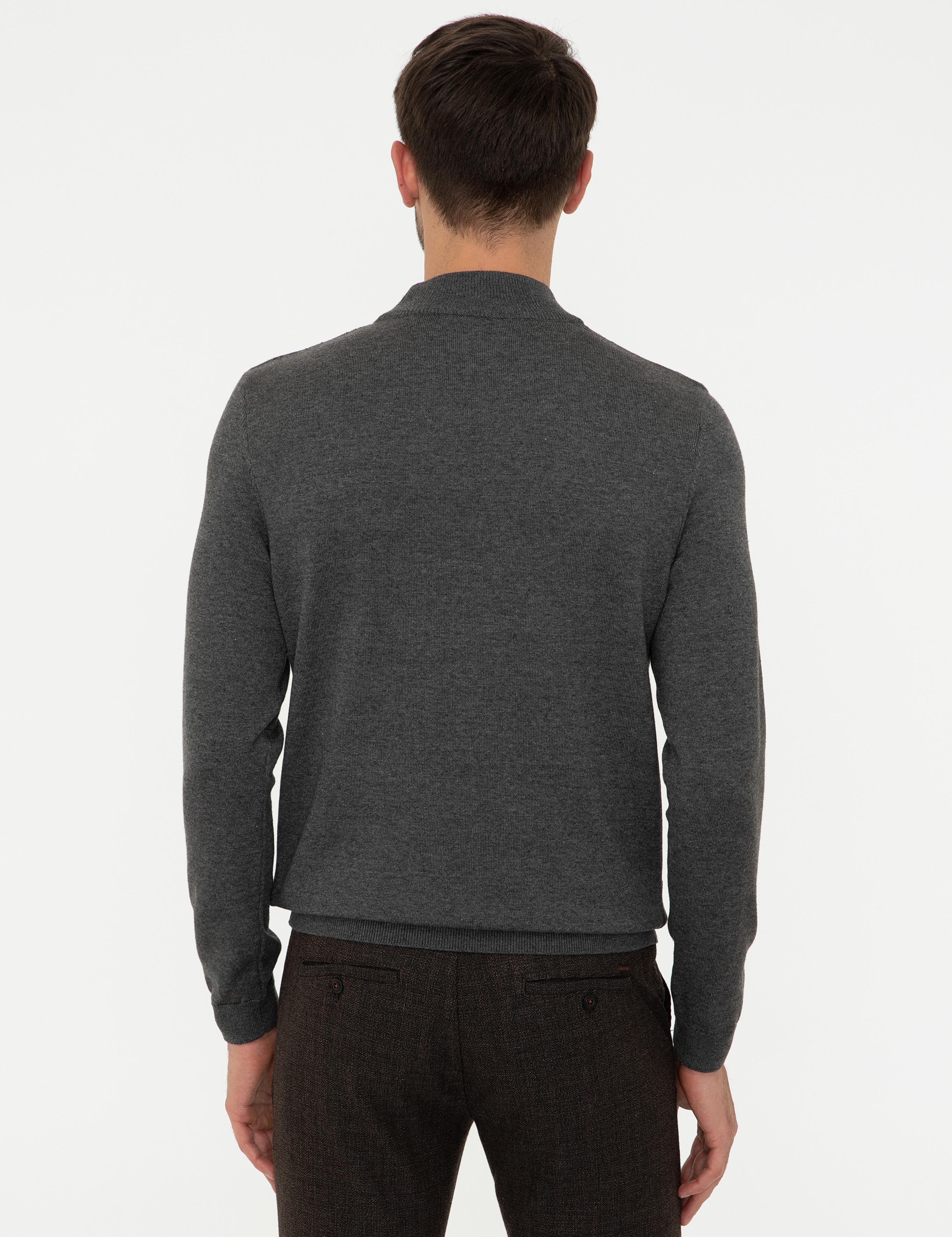 Gri Melanj Slim Fit Yarım Balıkçı Yaka Triko Kazak