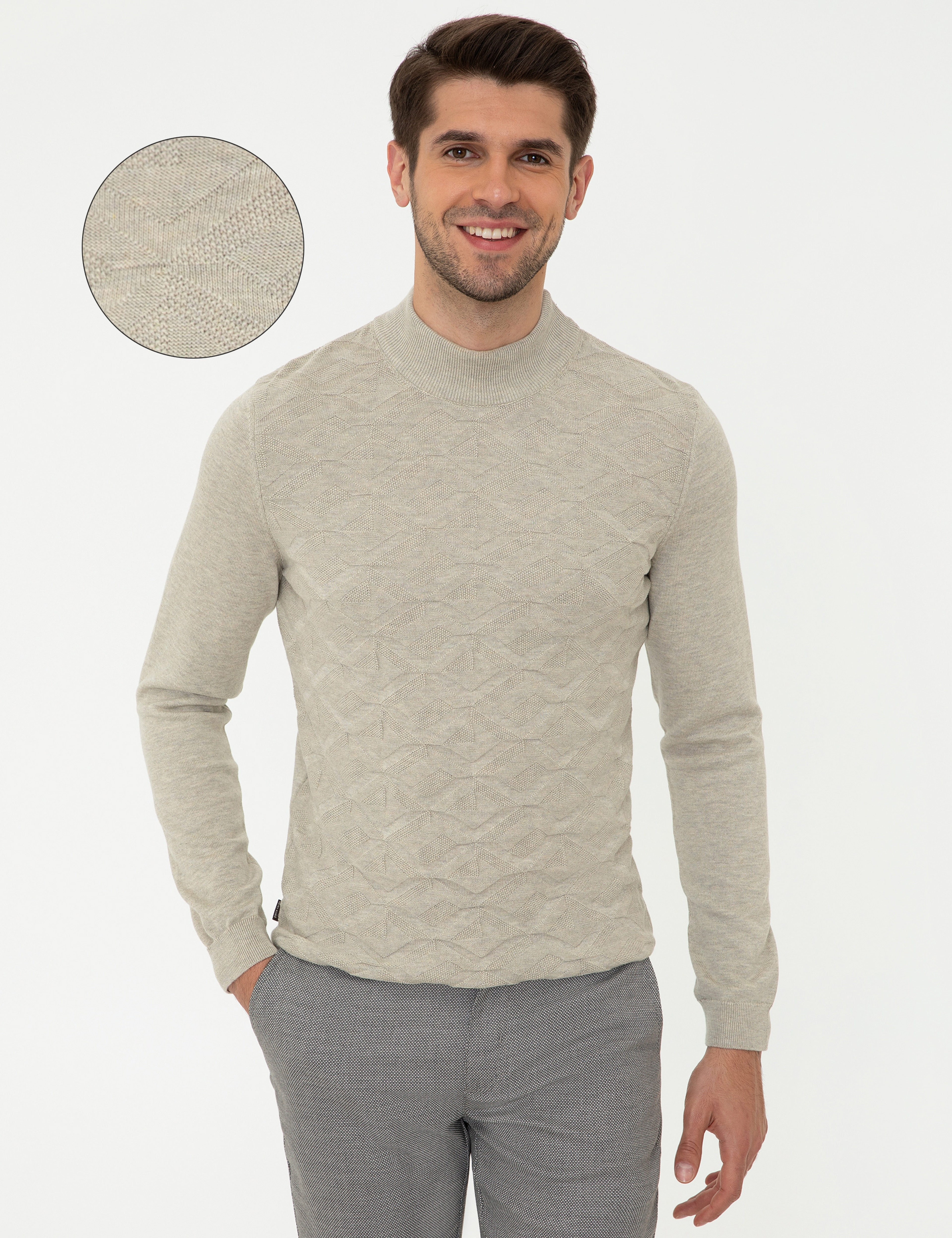 Kum Melanj Slim Fit Yarım Balıkçı Yaka Triko Kazak