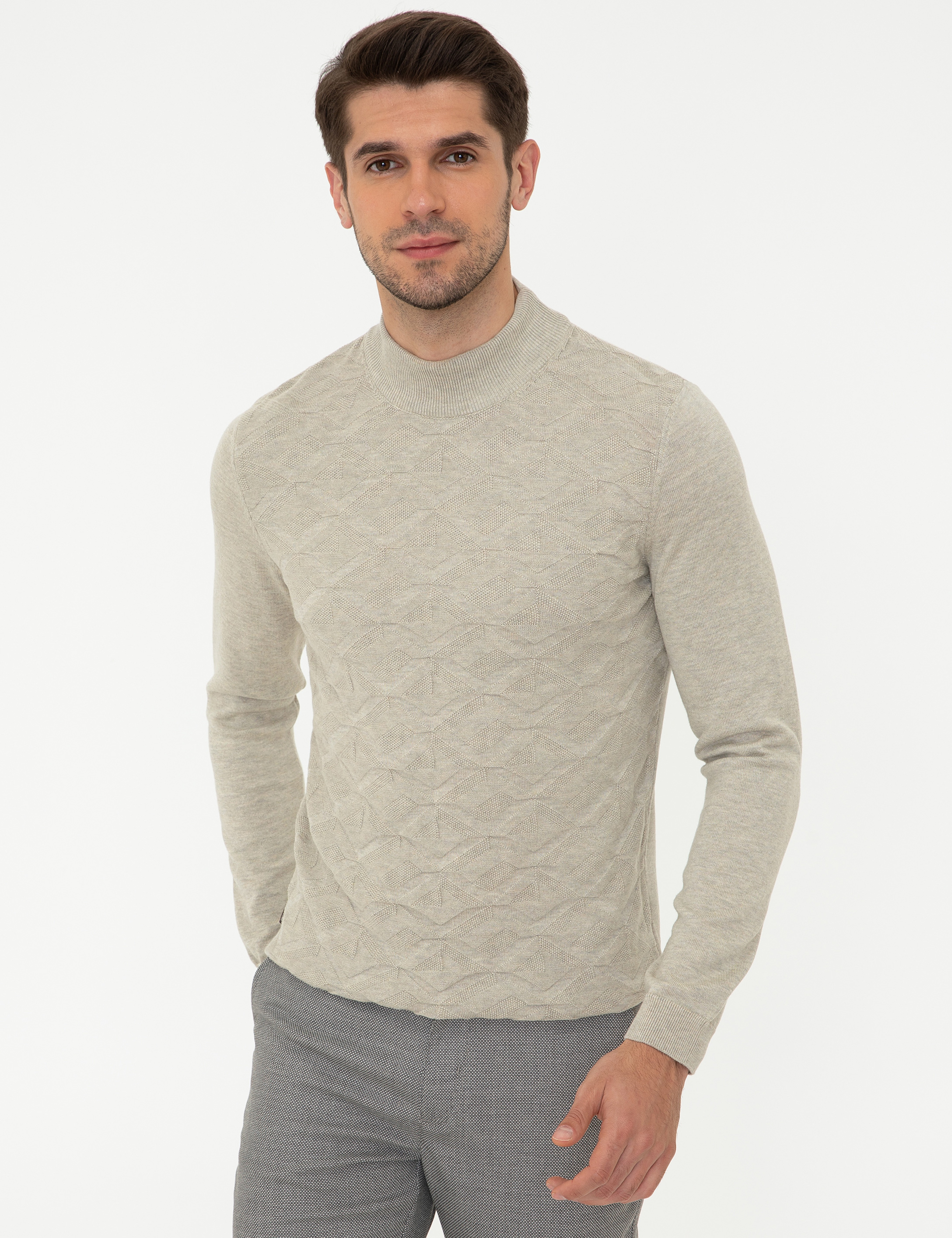 Kum Melanj Slim Fit Yarım Balıkçı Yaka Triko Kazak