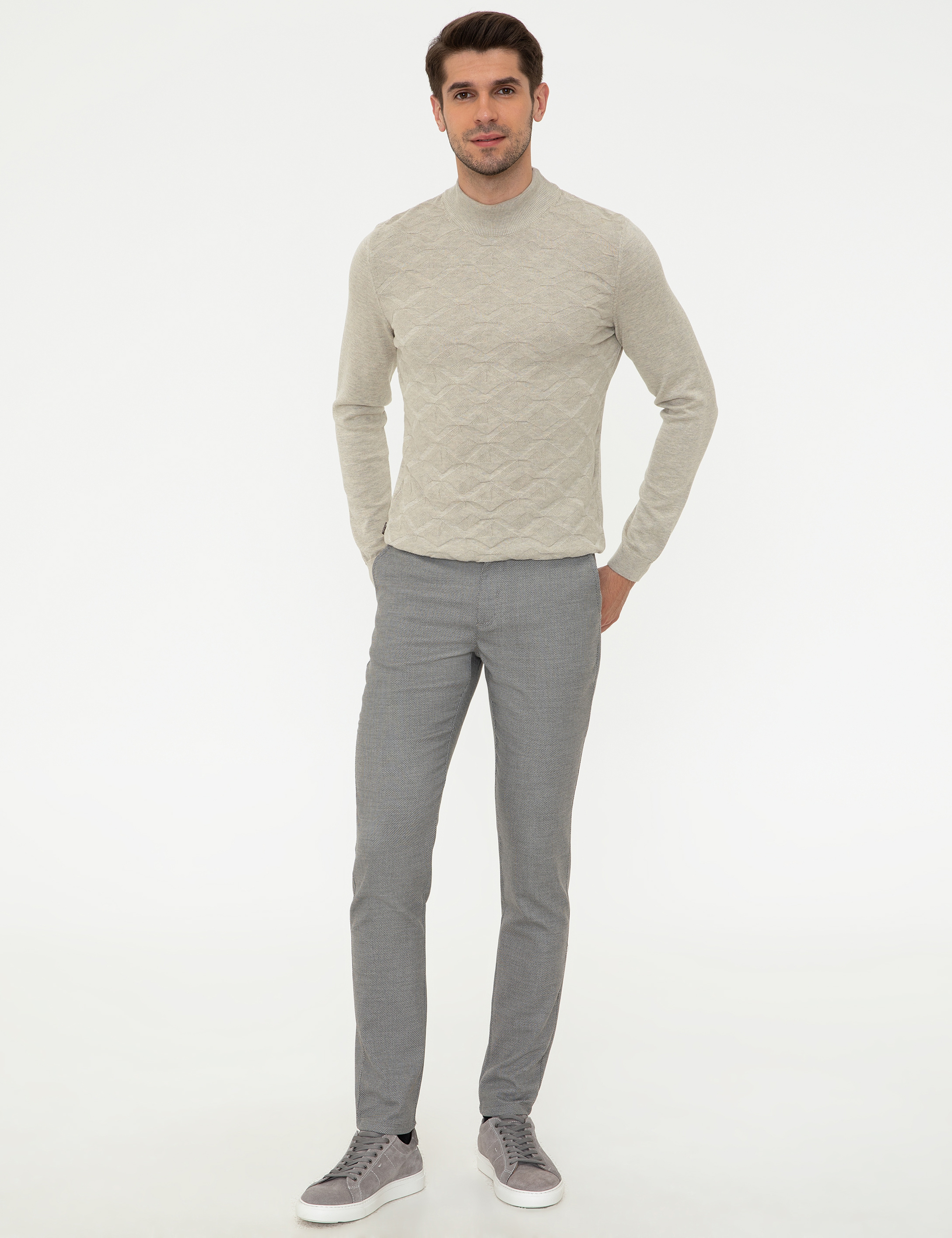 Kum Melanj Slim Fit Yarım Balıkçı Yaka Triko Kazak