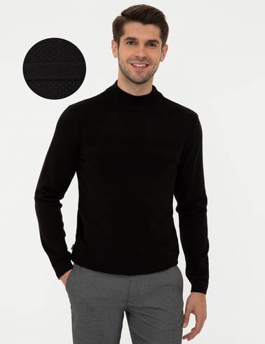 Siyah Slim Fit Yarım Balıkçı Yaka Triko Kazak