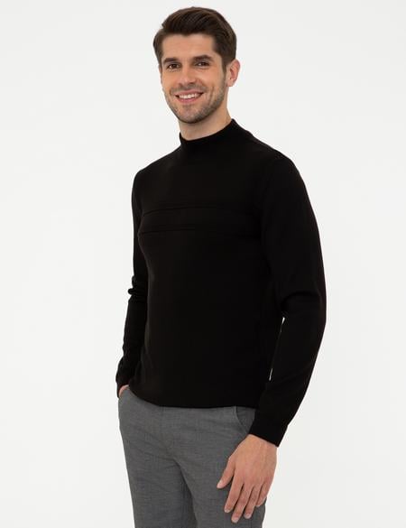 Siyah Slim Fit Yarım Balıkçı Yaka Triko Kazak - 50248534011