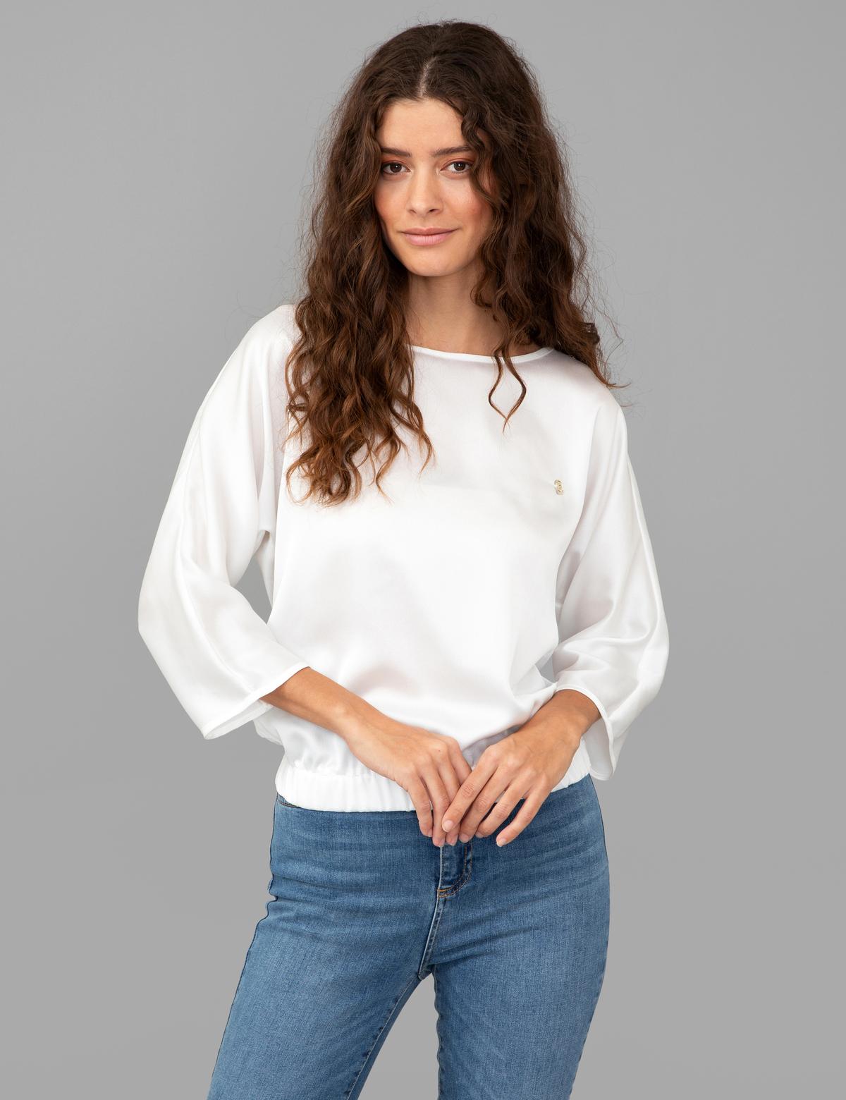 Beyaz Saten Uzun Kollu Bluz - 50244983002