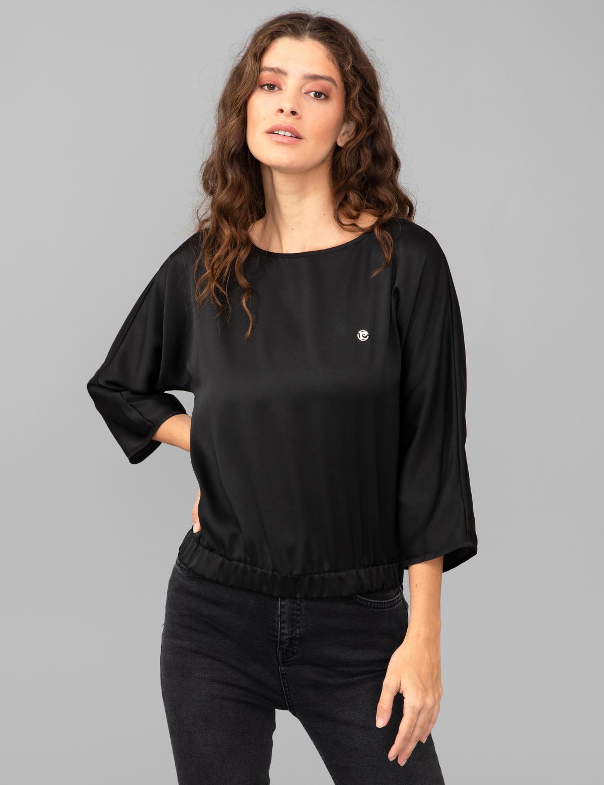 Siyah Saten Uzun Kollu Bluz - 50244983017