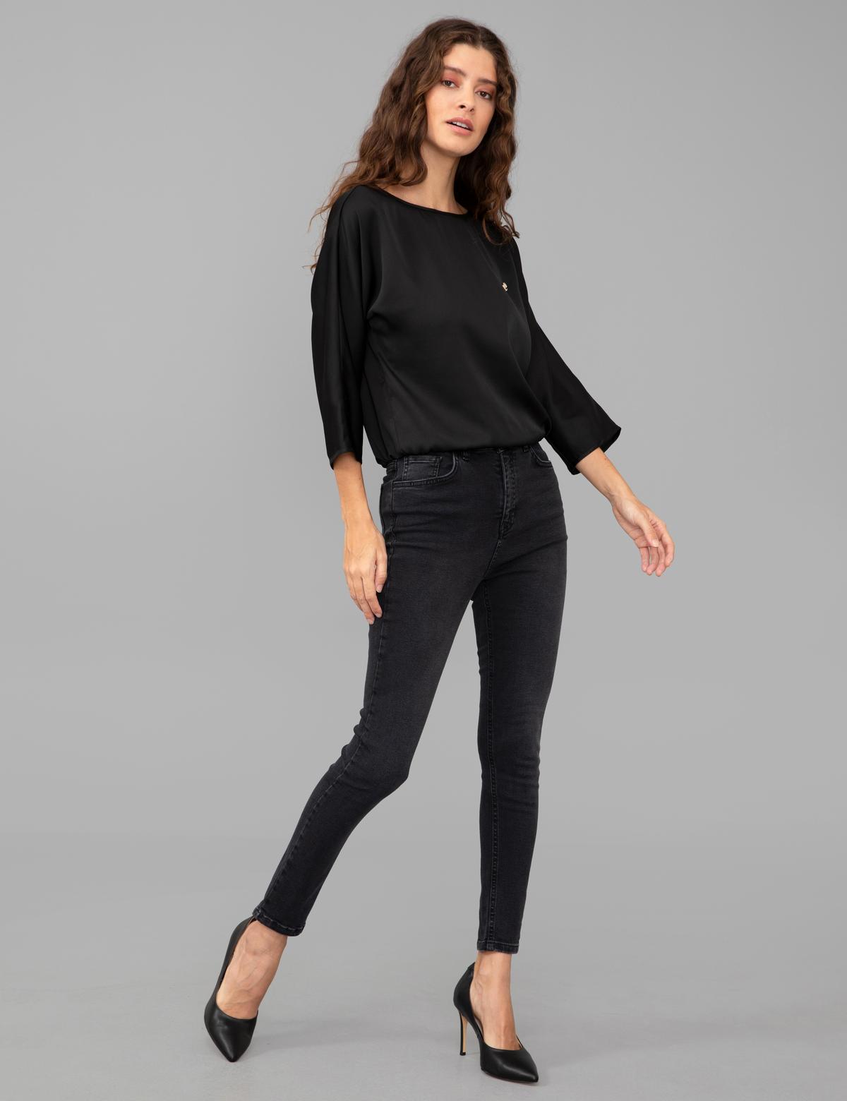 Siyah Saten Uzun Kollu Bluz - 50244983017