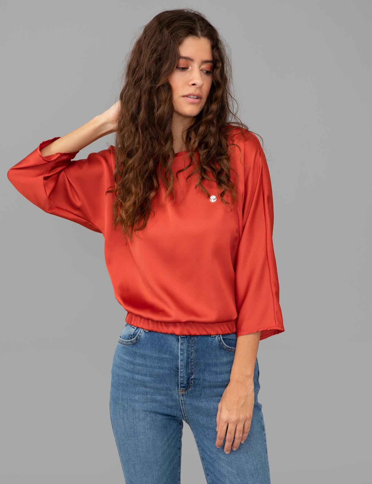 Kahverengi Saten Uzun Kollu Bluz - 50244983029