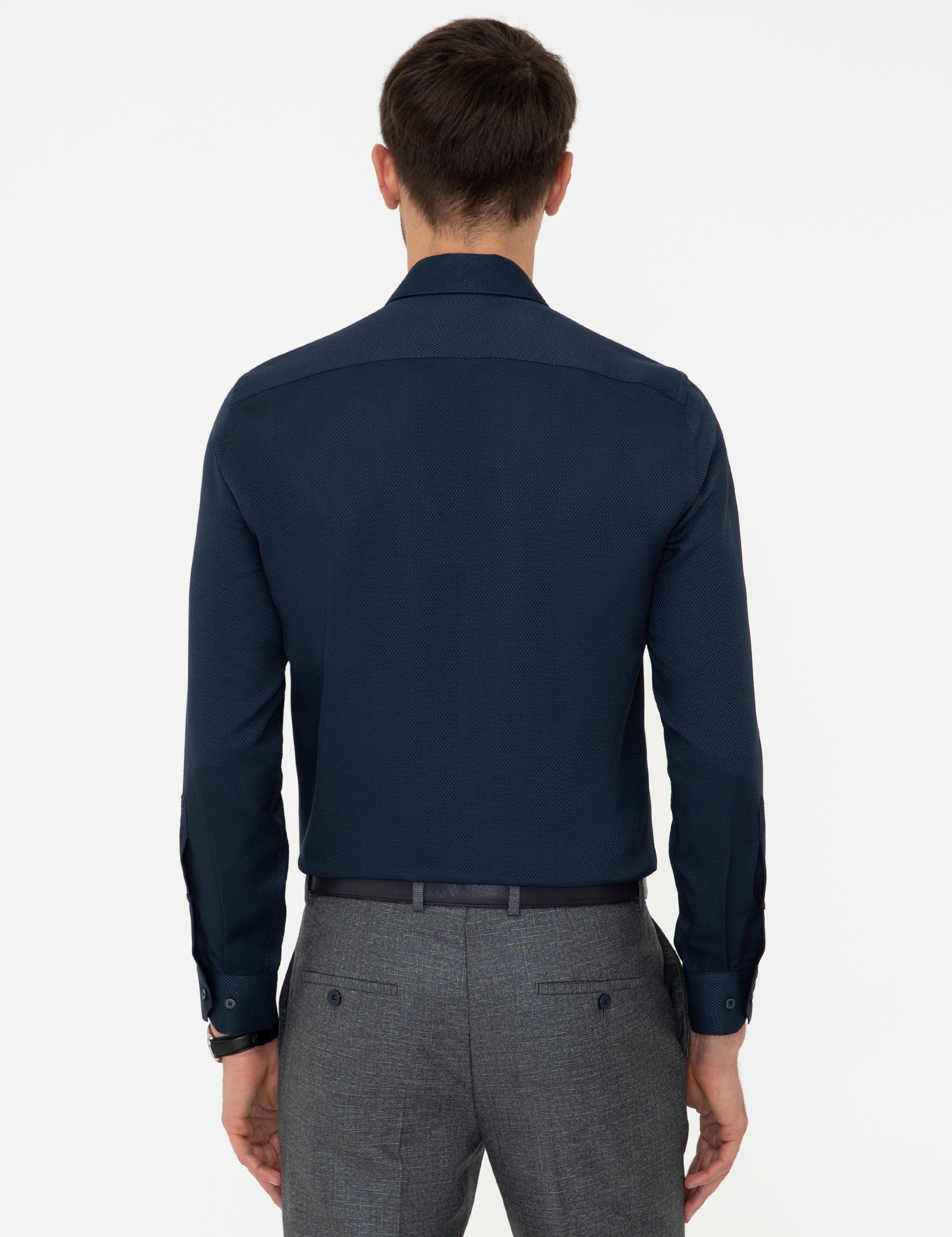 Lacivert Slim Fit Armürlü Gömlek