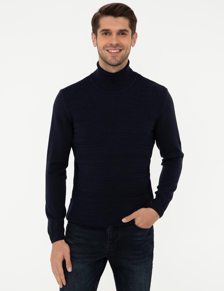 Lacivert Slim Fit Balıkçı Yaka Triko Kazak - 50248528016