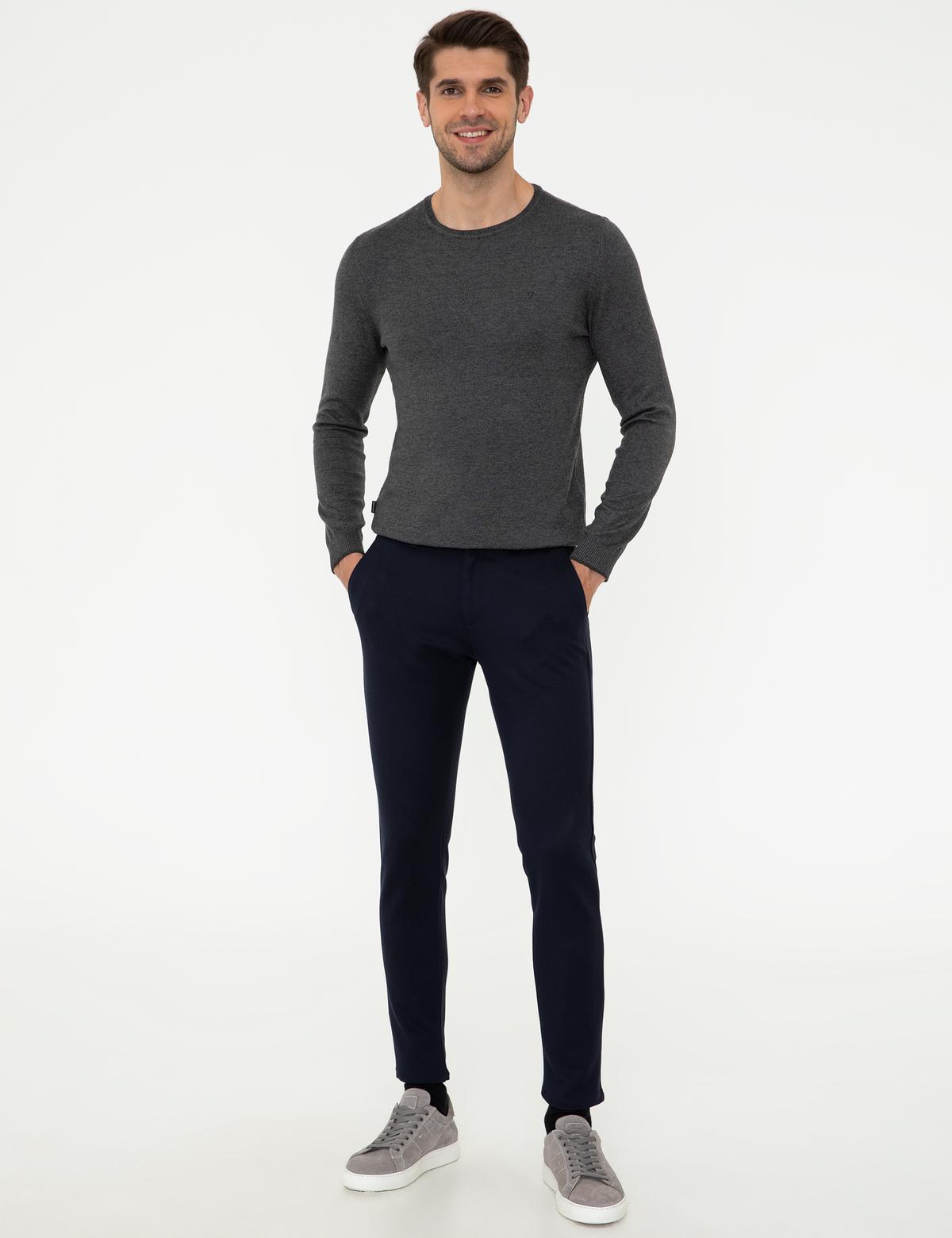 Gri Melanj Slim Fit Bisiklet Yaka Basic Triko Kazak - 50248582026