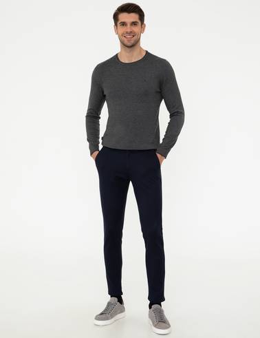 Gri Melanj Slim Fit Bisiklet Yaka Basic Triko Kazak