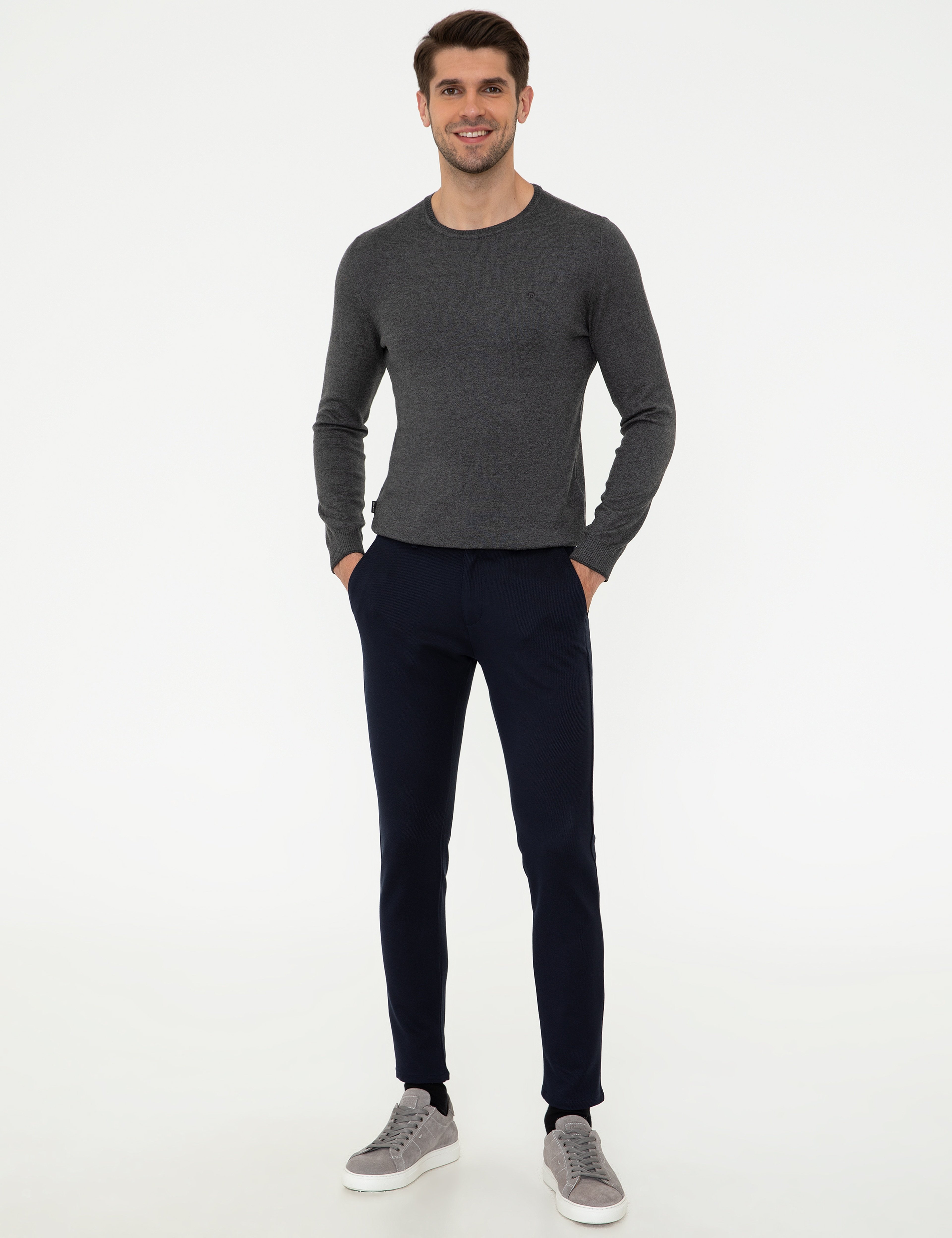 Gri Melanj Slim Fit Bisiklet Yaka Basic Triko Kazak - Image 5
