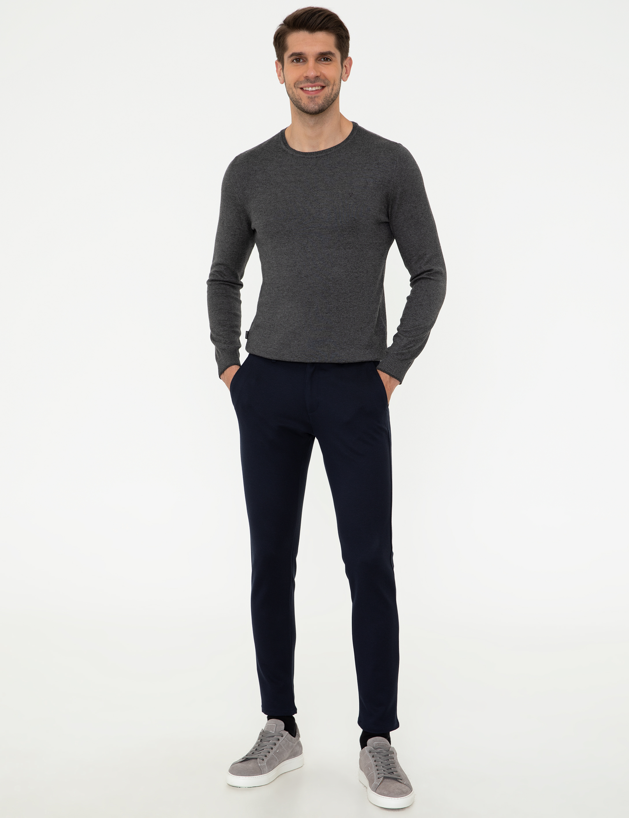 Gri Melanj Slim Fit Bisiklet Yaka Basic Triko Kazak