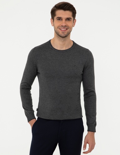 Gri Melanj Slim Fit Bisiklet Yaka Basic Triko Kazak