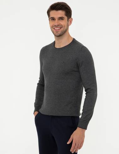Gri Melanj Slim Fit Bisiklet Yaka Basic Triko Kazak