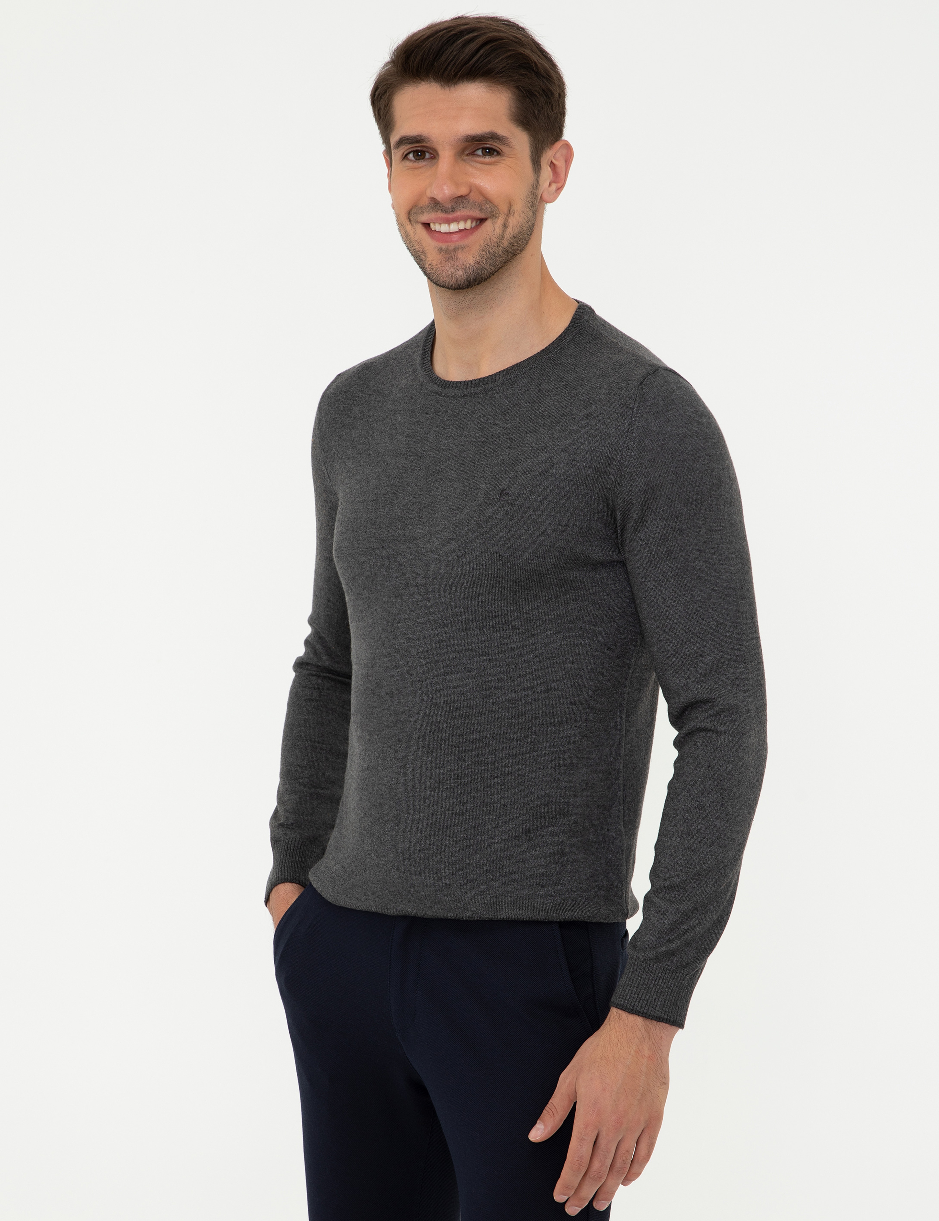 Gri Melanj Slim Fit Bisiklet Yaka Basic Triko Kazak - Image 3