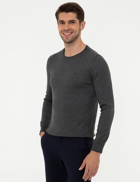 Gri Melanj Slim Fit Bisiklet Yaka Basic Triko Kazak - 50248582026